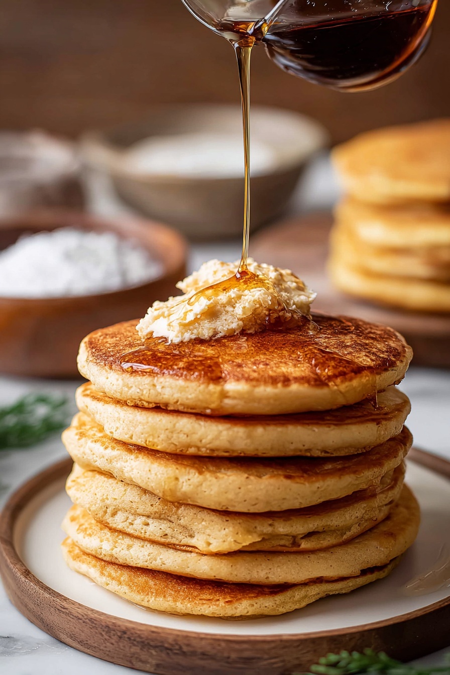 A stack of six thick, fluffy golden brown pancakes sits on a round wooden plate. Two rounded scoops of light brown butter with specks of cinnamon are melting on top of the stack. Honey is pouring down from a white pitcher above, dripping over the top pancake and running down the sides. In the blurry background, there is another plate with more pancakes and a glass filled with a dark liquid, all set on a white marbled surface. photo taken with an iphone --ar 2:3 --v 7