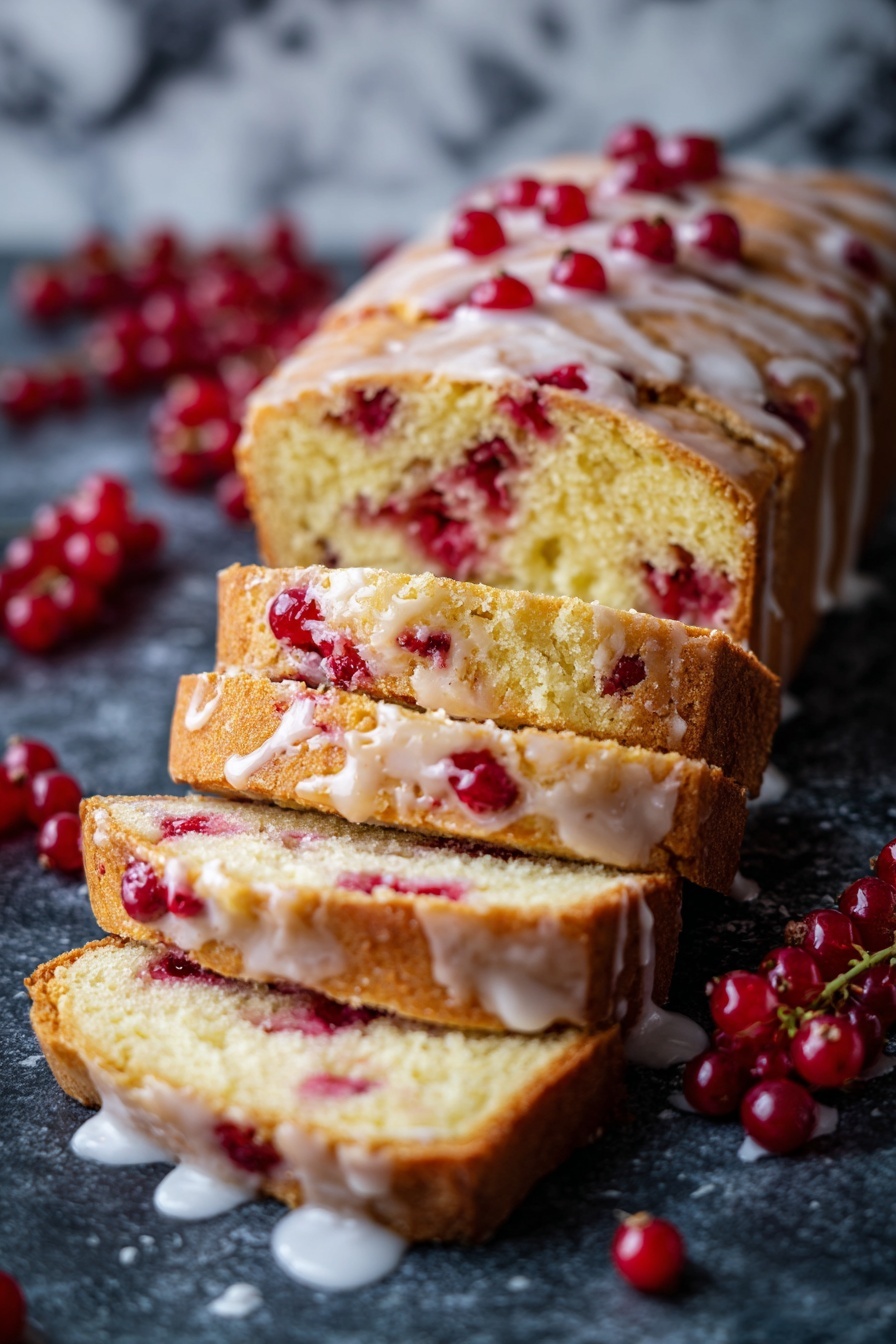 The image shows a sliced loaf of yellow cake with bright red cranberries mixed inside. The cake has around six thick layers of slices stacked neatly from front to back. The top layer has a shiny, light-colored glaze drizzled unevenly, adding a slightly glossy texture. The sides of the cake look soft and moist, with a golden crust. Around the cake, fresh red cranberries are scattered on a dark surface. In the background, some orange slices are partly visible, adding a pop of bright orange color. photo taken with an iphone --ar 2:3 --v 7