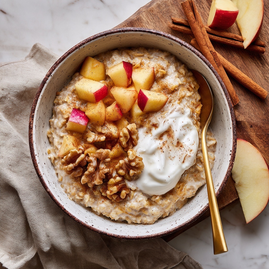 A white speckled bowl filled with a thick beige oatmeal base that has small pieces of apple mixed in. On top of the oatmeal, there are three distinct layers: on the top left, light brown walnut halves clustered together; to the right of the walnuts, a dollop of smooth white yogurt; and above the yogurt, softly cooked apple pieces with red skin, cut into short thick sticks. The bowl sits on a wooden board, with a gold spoon placed inside on the right side of the bowl. In the background, there is a beige cloth and two cinnamon sticks, with thinly sliced apple pieces on the wooden board. The surface beneath is a white marbled texture. photo taken with an iphone --ar 2:3 --v 7