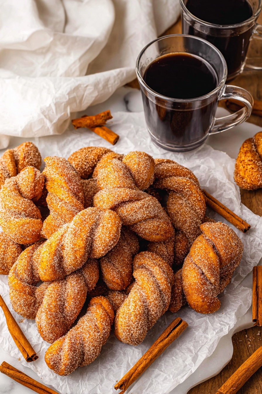 A pile of golden brown twisted doughnuts covered in a thick layer of cinnamon sugar fills the center. The twisted doughnuts have a slightly rough texture from the sugar coating and are stacked in a heap with many cinnamons sticks scattered around the base. Behind the doughnuts, two clear glass mugs filled with dark black coffee sit side by side. A cream-colored woven cloth with a navy blue stripe is draped softly in the background, and the whole scene rests on a white marbled surface. Photo taken with an iphone --ar 2:3 --v 7