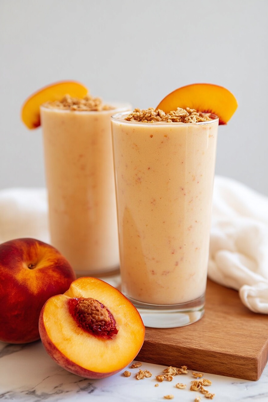 Two tall clear glasses are filled with a creamy light peach smoothie that shows tiny specks of fruit inside. Each glass has a topping of granola pieces and several small bright yellow peach chunks, with a thin slice of peach hanging on the rim. In front of the glasses, there is a wooden board holding a whole ripe peach and a halved peach with the pit still inside. Some granola pieces are scattered loosely on the wooden surface around the board. The scene is set on a white marbled texture with soft natural light. Photo taken with an iphone --ar 2:3 --v 7