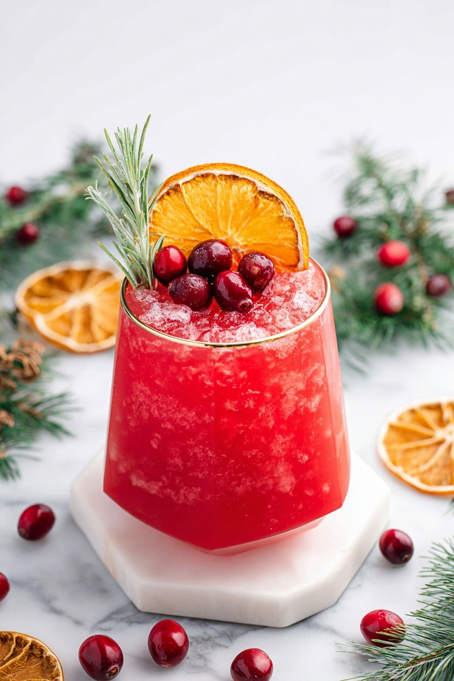 A short, white frosted glass with iced red drink fills most of the image, topped with bright red cranberries and a thin orange slice leaning inside the glass on the right. A small green sprig is stuck near the orange slice on the drink. The glass sits on a white hexagonal coaster placed on a white marbled surface. Around the glass are scattered whole cranberries, golden berries, green leaves, a square white bowl with cranberries, and multiple orange slices arranged casually. The background is clean and white with some green leafy decorations. photo taken with an iphone --ar 2:3 --v 7