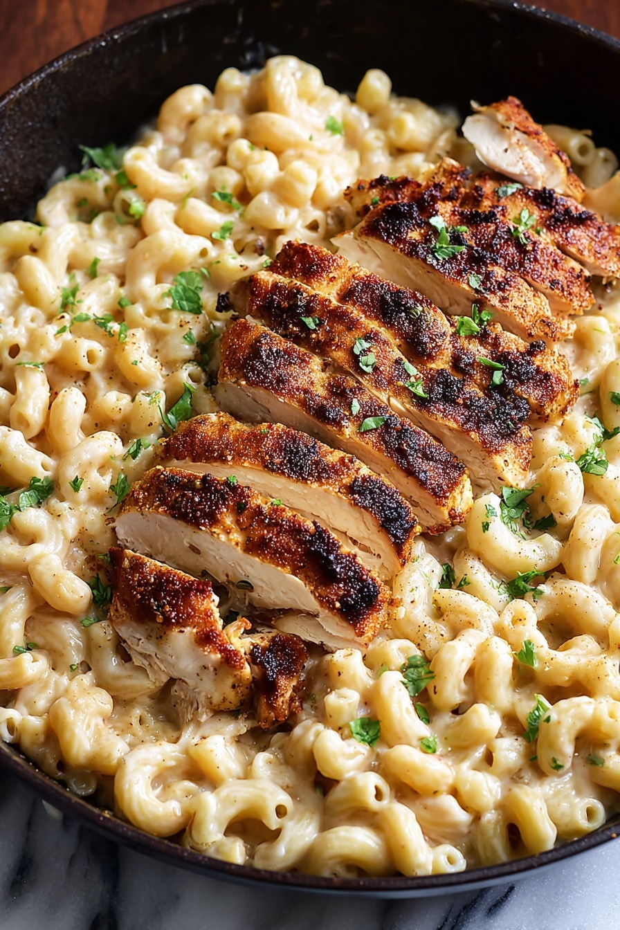 A black pan filled with creamy pasta that is light beige in color and has a smooth texture, scattered with small green herb pieces. On top of the pasta lies a sliced grilled chicken breast arranged in a neat row, showing a golden-brown sear with visible black pepper and herbs on its surface. The chicken pieces have a slightly charred look, with juicy white inside and crispy outside. The background is a white marbled texture. Photo taken with an iphone --ar 2:3 --v 7