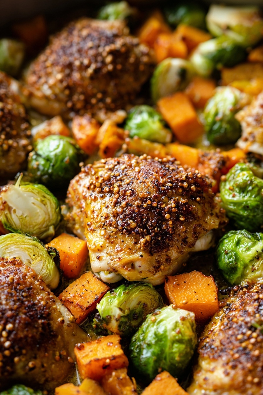 The image shows a white plate with a raised, patterned edge, placed on a white marbled surface. On the plate, there are two medium-sized pieces of cooked chicken with a golden-brown crust and a grainy mustard glaze on top. Around the chicken, there are several bright green Brussels sprouts, some whole and some sliced in half, showing their layered texture inside. Scattered among the Brussels sprouts are cubes of orange roasted sweet potatoes, which have a slightly crispy and caramelized surface. A fork with a wooden handle rests on the top edge of the plate, partly on the food. The overall look is warm and inviting, with a good mix of colors and textures visible. photo taken with an iphone --ar 2:3 --v 7