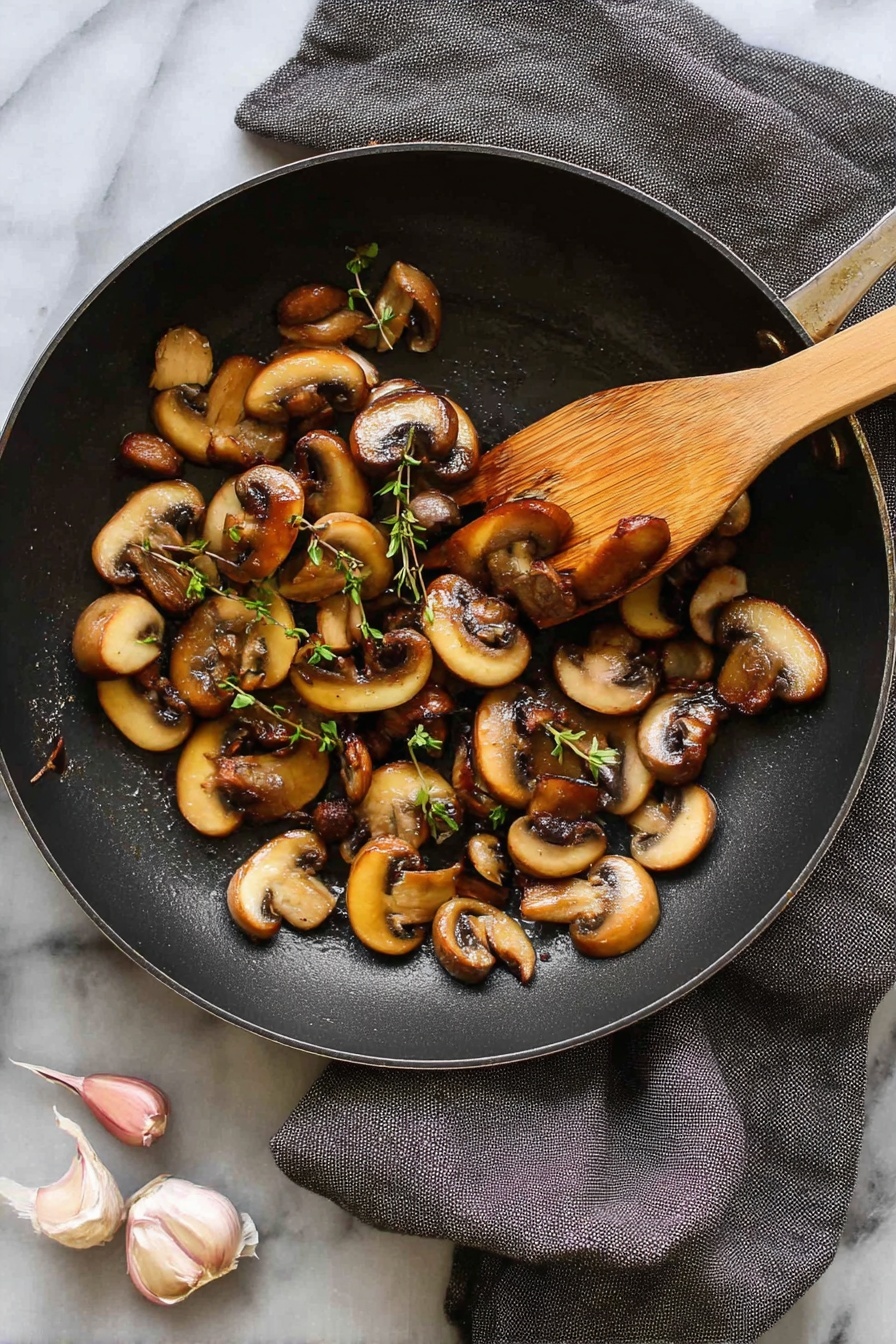 A black frying pan holds about three layers of sautéed mushrooms, sliced thick with golden brown edges and a soft creamy beige inside. Small green thyme sprigs lay scattered on top, adding touches of green among the mushrooms. A wooden spatula with a light natural color is mixing the mushrooms from the right side of the pan. The pan rests on a white marbled surface with a dark grey cloth partially under the handle and two garlic bulbs nearby. Photo taken with an iphone --ar 2:3 --v 7