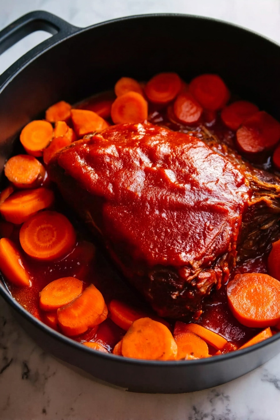 The image shows a black pot filled with a rich red sauce covering a large piece of cooked meat placed in the center, surrounded by many thick slices of bright orange carrots. The sauce looks thick and textured, covering the meat unevenly, while the carrots have a smooth surface and are scattered around the edges of the pot. The pot is placed on a white marbled surface. photo taken with an iphone --ar 2:3 --v 7