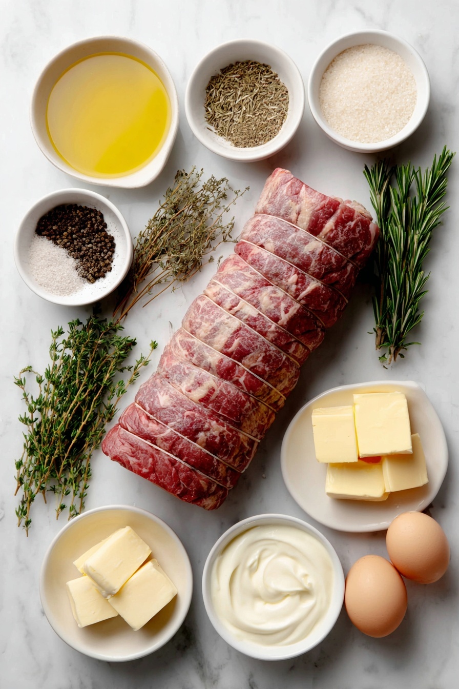 Flat lay of a whole fresh raw beef tenderloin, two fresh rosemary sprigs with green needle-like leaves, four fresh thyme sprigs with small green leaves, a small white ceramic bowl of dried oregano, a small white ceramic bowl of dried thyme, a small white ceramic bowl of dried rosemary, a small white ceramic bowl of garlic powder, a small white ceramic bowl of coarse salt, a small white ceramic bowl of freshly ground black pepper, a small white ceramic bowl of golden olive oil, a small white ceramic bowl with yellow butter cubes, a small white ceramic bowl of creamy white sour cream, a small white ceramic bowl of pale mayonnaise, a small white ceramic bowl containing freshly grated horseradish, and two whole uncracked brown eggs, all arranged symmetrically and balanced, placed on a clean white marble surface, soft natural light, photo taken with an iPhone, professional food photography style, fresh ingredients, white ceramic bowls, no bottles, no duplicates, no utensils, no packaging --ar 2:3 --v 7 --p m7354615311229779997