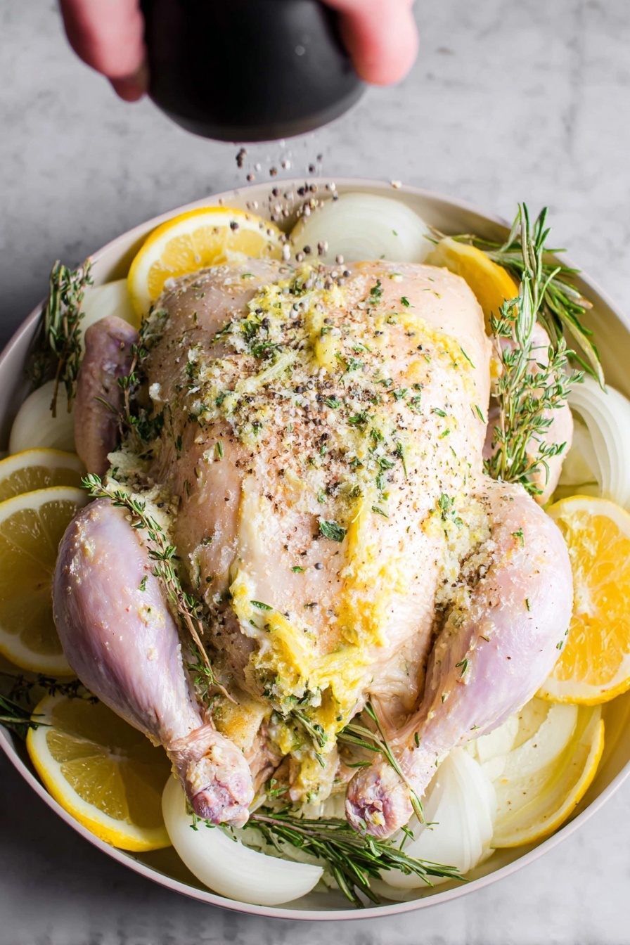 A whole raw chicken is placed on a white marbled surface, surrounded by sliced lemon wedges and cut white onions. The chicken is coated with a yellowish mixture that includes small bits of herbs and spices. There is a few sprigs of fresh rosemary and thyme placed inside the chicken cavity and around it. A woman's hand is seen holding a pepper grinder, sprinkling black pepper over the top of the chicken. The overall colors include pale pink and creamy white of the chicken skin, bright yellow of the lemons, and fresh green of the herbs. photo taken with an iphone --ar 2:3 --v 7