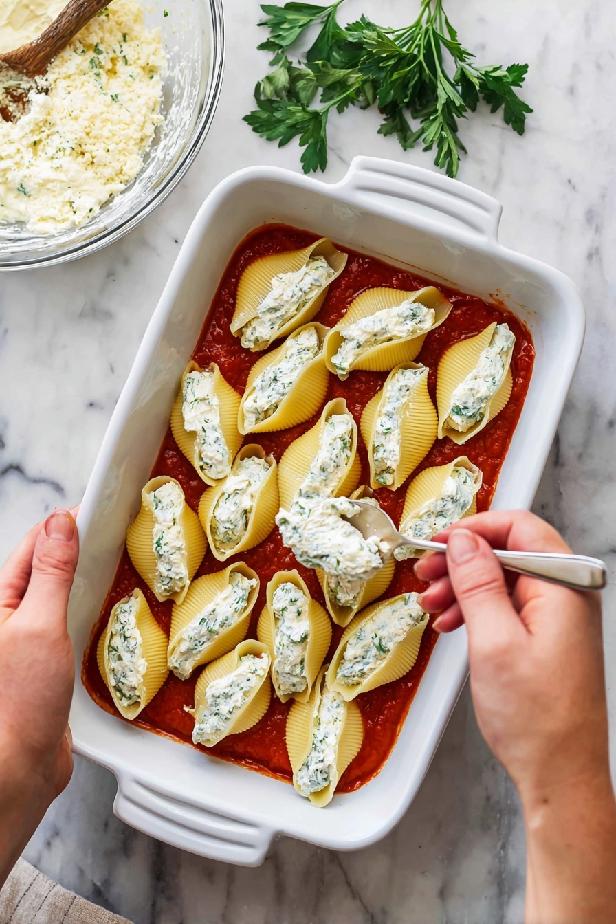 A white baking dish sits on a white marbled surface, with a layer of red tomato sauce spread evenly at the bottom. On top, there are seven large, yellow pasta shells arranged in a neat row, each one being filled with a creamy white cheese mixture that has small green herb bits in it. A woman's left hand holds one pasta shell open while her right hand uses a silver spoon to fill it with the creamy cheese. To the top left of the baking dish is a glass bowl with more of the white cheese filling inside. A few green parsley leaves are scattered on the white marbled surface around the baking dish. Photo taken with an iphone --ar 2:3 --v 7
