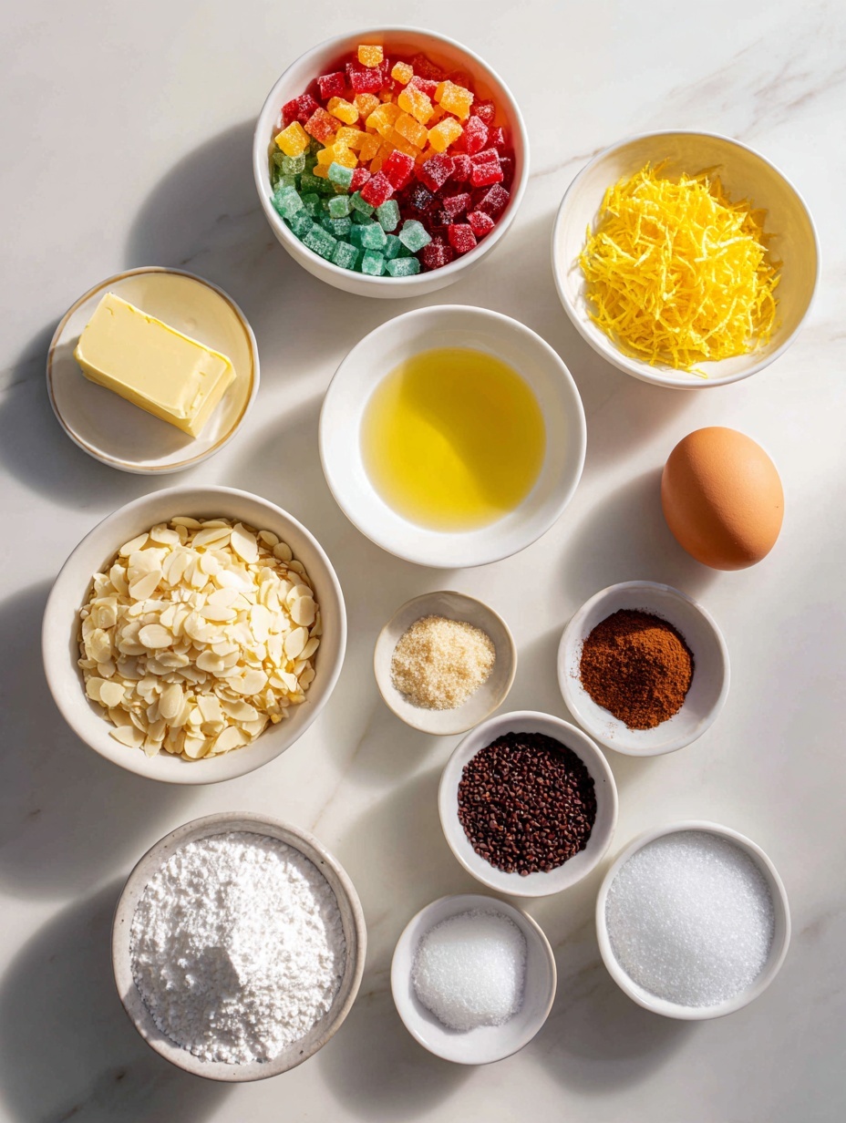 Flat lay of finely diced colorful candied fruit, a small pile of chopped whole almonds, a small white bowl of clear dry sherry, a small white bowl of freshly squeezed lemon juice, a few strips of bright yellow lemon zest, a small pinch of salt crystals, a small mound of all-purpose flour, a small pinch of mixed spice powder, a small pat of creamy room temperature butter, a small heap of granulated sugar, a small heap of dark brown sugar, one whole large egg with a clean shell, all arranged symmetrically on simple white ceramic dishes and bowls, placed on a clean white marble surface, soft natural light, photo taken with an iPhone, professional food photography style, fresh ingredients, white ceramic bowls, no bottles, no duplicates, no utensils, no packaging --ar 2:3 --v 7 --p m7354615311229779997