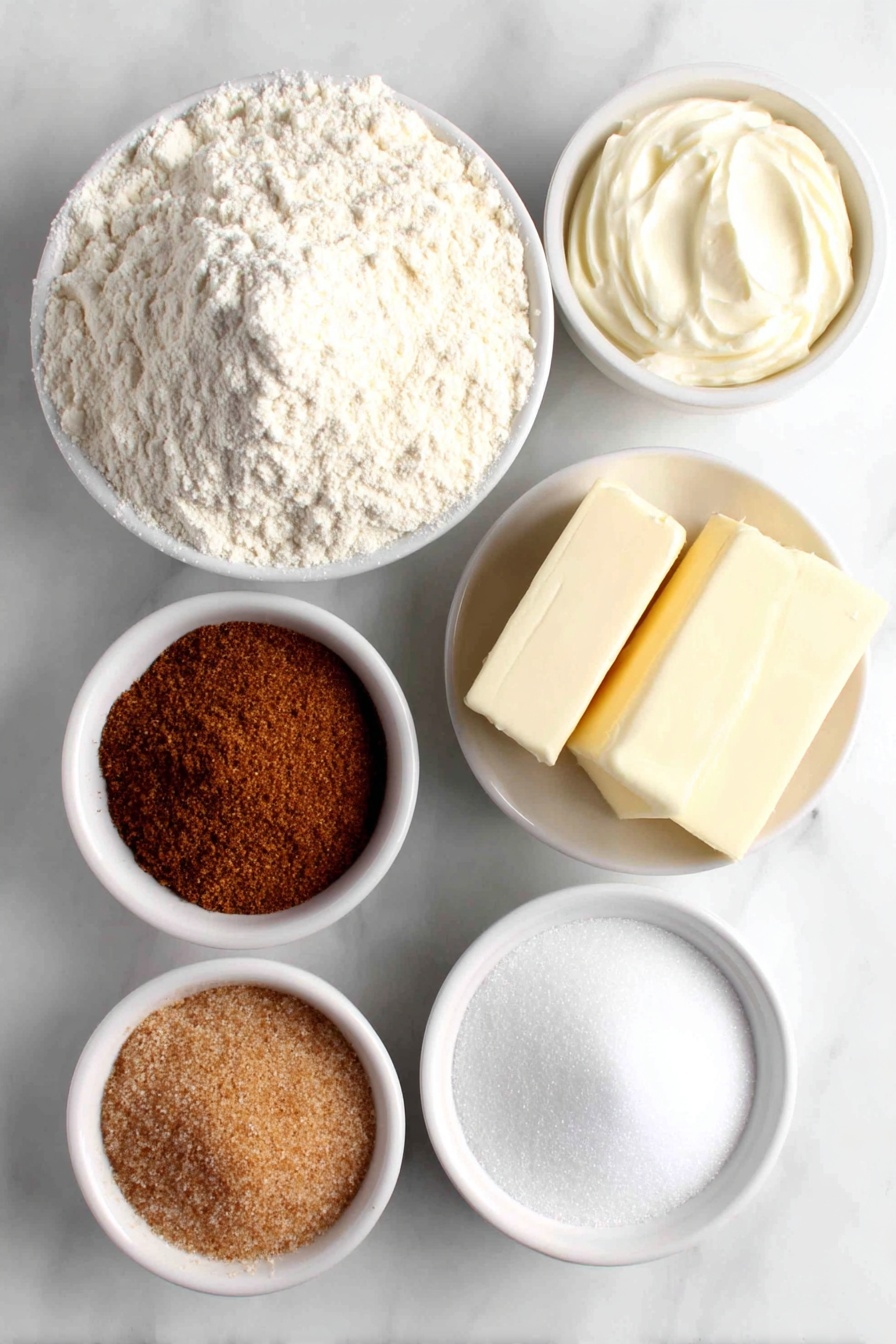 Flat lay of a small mound of all-purpose flour on a simple white ceramic plate, a small white bowl filled with cream of tartar powder, a small white bowl containing baking soda powder, a small white bowl with ground cinnamon, a small white bowl with salt crystals, two sticks of softened unsalted butter placed side by side on the white ceramic plate, a small white bowl filled with granulated sugar, a small white bowl holding light brown packed sugar, one large whole egg with a clean shell, one large whole egg yolk placed in a small white bowl, a small white bowl filled with pure vanilla extract, a small white bowl containing a mixture of granulated sugar and ground cinnamon, all ingredients arranged with perfect symmetry and realistic proportions, placed on a clean white marble surface, soft natural light, photo taken with an iPhone, professional food photography style, fresh ingredients, white ceramic bowls, no bottles, no duplicates, no utensils, no packaging --ar 2:3 --v 7 --p m7354615311229779997