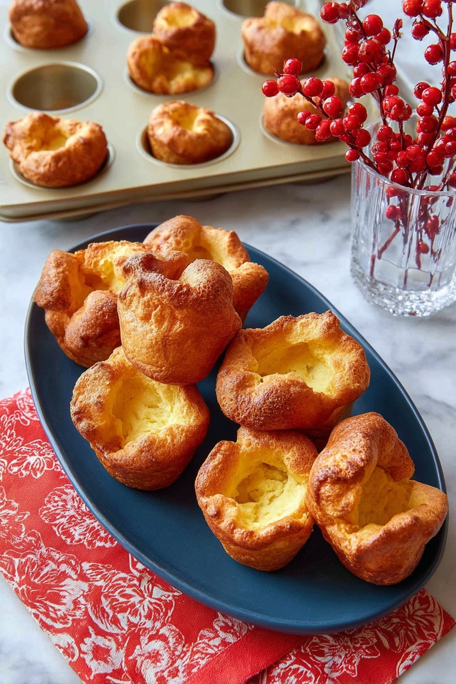 A white baking tray holds several golden brown Yorkshire puddings, each one puffed up with crispy, uneven edges and soft centers showing lighter, yellow tones inside. In front of the tray, seven of these Yorkshire puddings sit on a smooth dark blue oval plate, their wrinkled, toasted surfaces catching light and showing varied textures from crispy to airy. To the right, a small clear glass vase contains bright red berries with shiny skin on thin brown branches, standing against a white marbled background. A red and white patterned cloth lies casually under the plate and tray. photo taken with an iphone --ar 2:3 --v 7