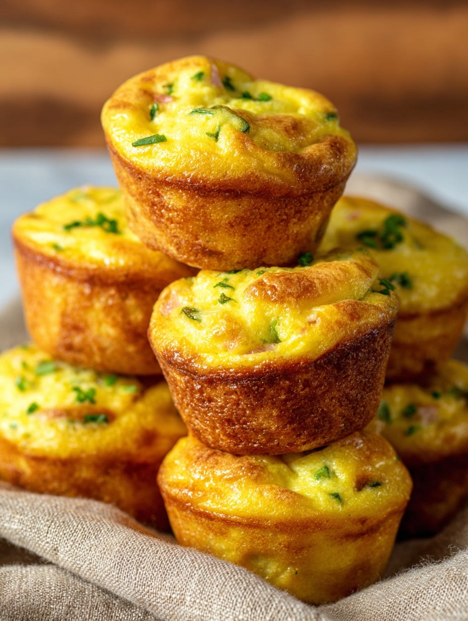 A group of small, golden-yellow egg muffins stacked close together on a soft brown cloth, each muffin showing a slightly puffy and textured top with bits of green herbs and small orange pieces embedded within. The muffins have a crispy, light brown crust around the base and sides, giving a slightly rough texture. The overall look is warm, soft, and inviting with a rustic touch from the cloth underneath. The background consists of a white marbled texture. Photo taken with an iphone --ar 2:3 --v 7