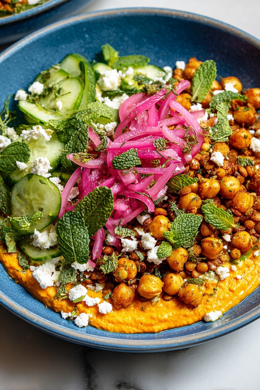 The dish is served in a wide, shallow white bowl filled with four distinct layers. The bottom layer is a smooth, bright orange spread covering the bowl base. On top of that, there is a layer of white rice peeking around the edges. Then comes a layer of golden-brown cooked chickpeas and chopped spiced ground pieces with a yellow tint. Scattered over all are fresh, bright green cucumber slices and dark green fresh mint leaves, along with thin, curved bright pink pickled onion strips. Small white crumbles of cheese are sprinkled generously over everything, adding a contrast to the vibrant colors. The bowl is placed on a white marbled surface. photo taken with an iphone --ar 2:3 --v 7