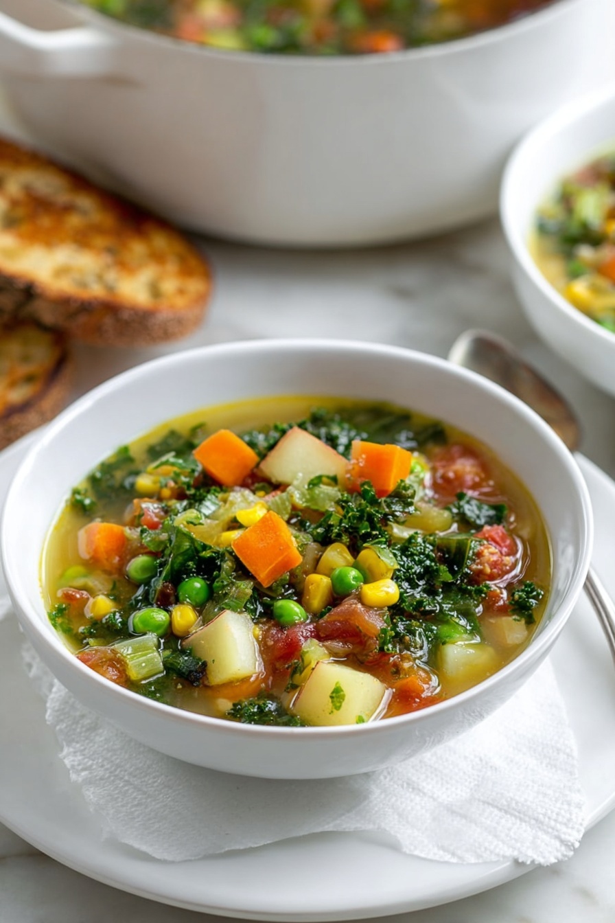 A white bowl filled with colorful vegetable soup sits on a white marbled surface, placed on a white plate with a crumpled white napkin underneath. The soup has a light yellow broth and contains small, evenly sized pieces of orange carrots, yellow corn, bright green peas, dark green kale, pale diced potatoes, and pieces of celery. The vegetables float in the broth with some fresh green parsley sprinkled on top. Next to the bowl on the plate, there is a torn piece of brown bread. In the background, the edge of another white bowl is visible on the same white marbled surface. Photo taken with an iphone --ar 2:3 --v 7
