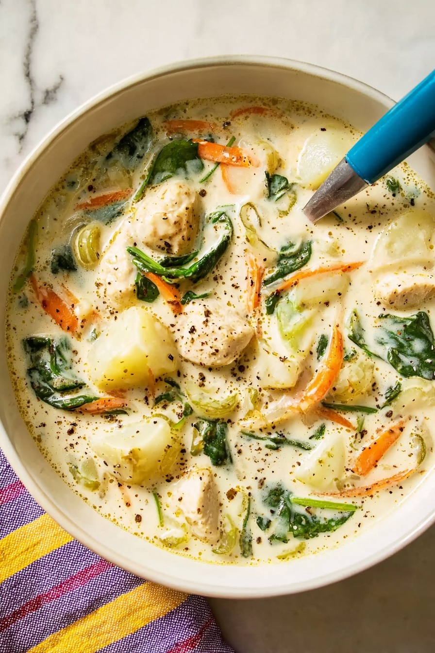 A beige bowl filled with creamy chicken soup containing three main layers: a thick white creamy base with small lumps, orange thin carrot strips, and bright green spinach leaves scattered throughout; chunks of white chicken pieces are partially covered by the creamy broth, with some black pepper sprinkled over the top. A spoon with a blue handle rests inside the bowl on the right side. The bowl sits on a white marbled surface with a glass of water and a striped purple and beige cloth napkin nearby. photo taken with an iphone --ar 2:3 --v 7