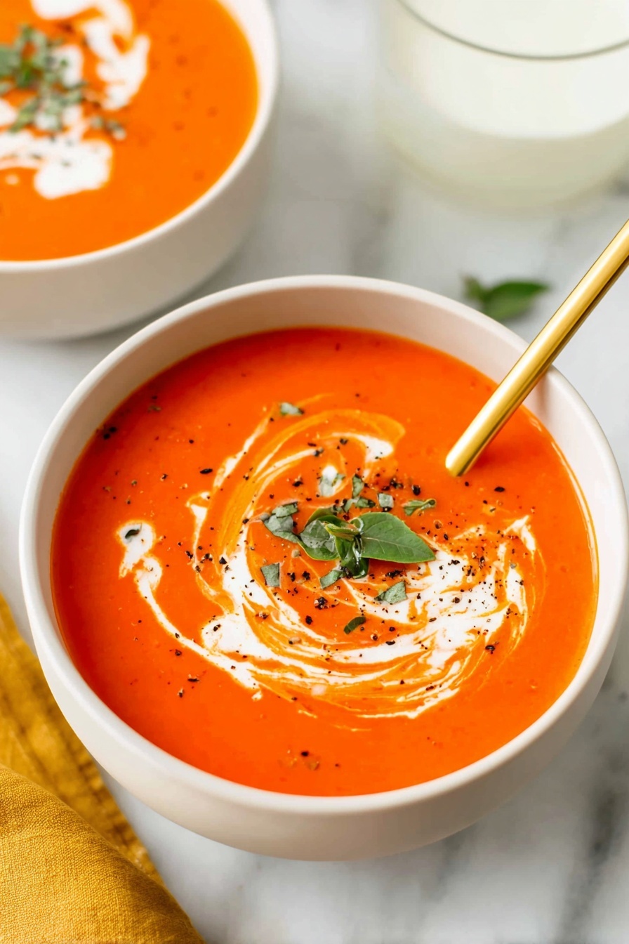 A white bowl filled with bright orange creamy tomato soup sits on a white marbled surface. On top of the soup are white cream swirls, sprinkled black pepper, and a small pile of chopped green basil leaves in the middle. A white spoon is dipped into the soup on the right side. In the background, part of another white bowl with the same soup and a glass jar filled with white cream are visible. A yellow cloth peeks in from the bottom left corner. Photo taken with an iphone --ar 2:3 --v 7
