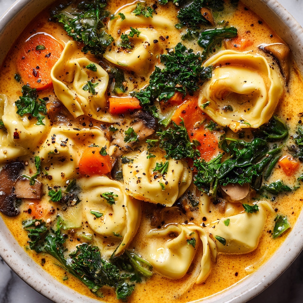 The image shows a close-up of creamy soup with three main layers: a bright orange broth with a slightly thick texture covering most of the image, light yellow pasta pieces with textured edges floating on top, and small green kale leaves scattered throughout. Also visible are small chunks of orange carrots and bits of mushrooms in darker brown shades, all floating together. There are tiny black pepper specks spread over the soup's surface. The background is a white marbled texture, and the soup is in a white bowl. Photo taken with an iphone --ar 2:3 --v 7