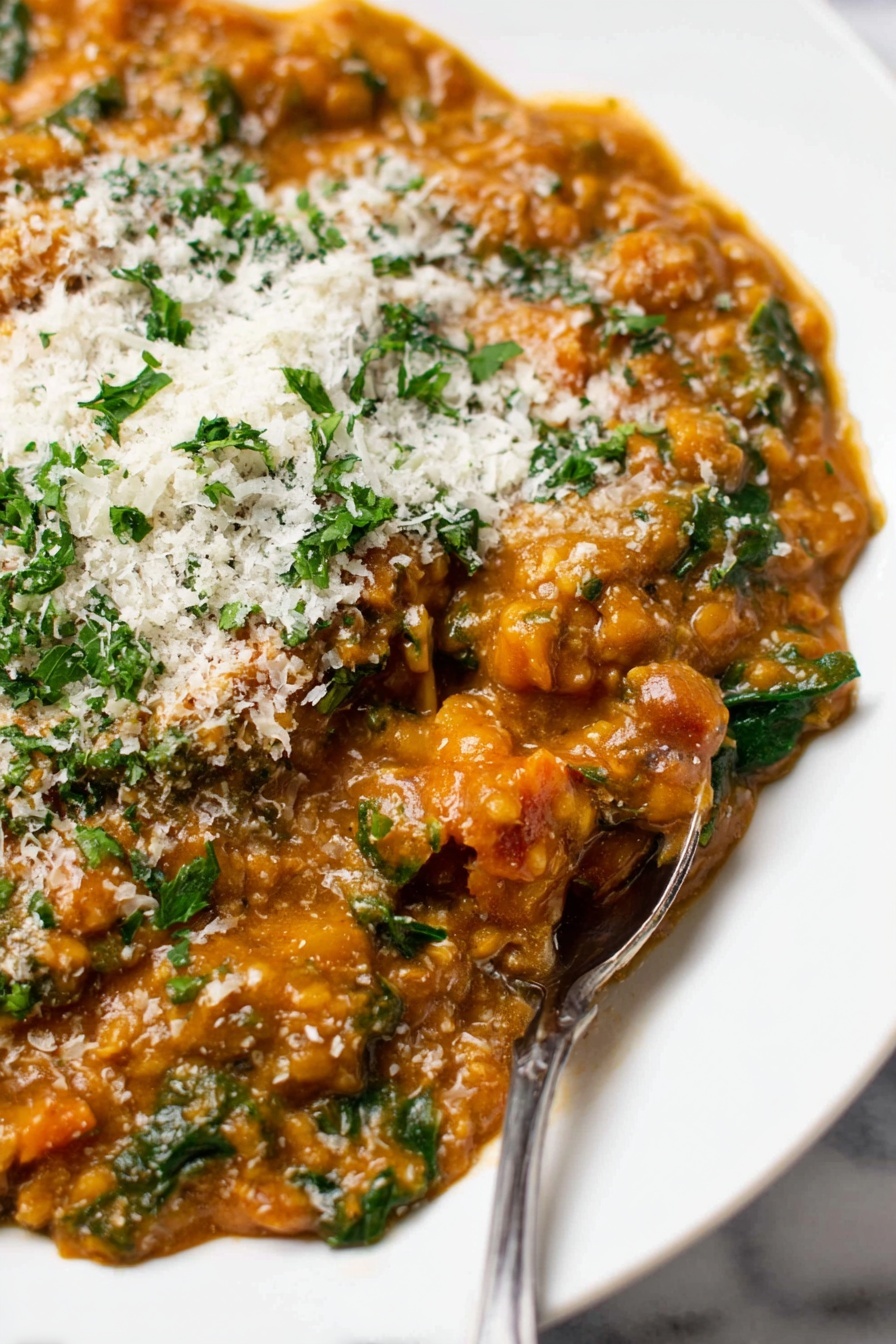 A white plate holds a serving of thick, creamy stew with an orange-brown color that contains visible chunks of vegetables and greens like spinach mixed throughout. The stew is topped with a sprinkle of white cheese and chopped fresh green herbs. A silver spoon rests on the right side of the plate, partially dipped in the stew. The plate is set on a white marbled texture surface with a blurred glass of light yellow drink and a white and yellow striped cloth napkin nearby. photo taken with an iphone --ar 2:3 --v 7