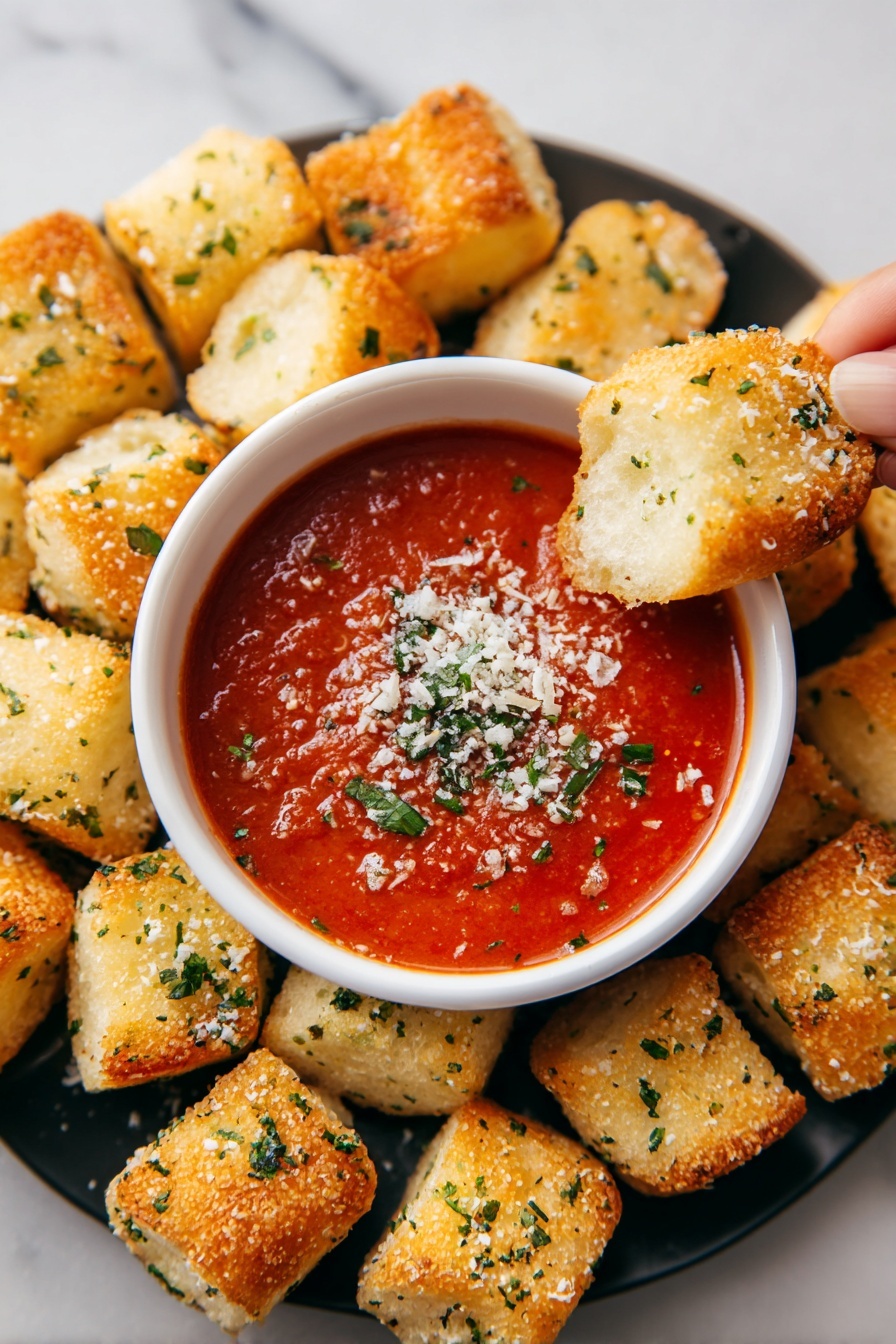 A white round bowl filled with a thick red tomato sauce topped with small green herb leaves and white grated cheese sits in the middle of a white marbled surface. Around the bowl, there are many golden-yellow bread pieces sprinkled with green herbs and grated cheese, showing a crumbly texture with some rough edges. A piece of bread is being dipped into the sauce by a woman's hand from the right side, partially covered in the sauce. The dark tray beneath the bowl and bread contrasts with the bright food colors. photo taken with an iphone --ar 2:3 --v 7