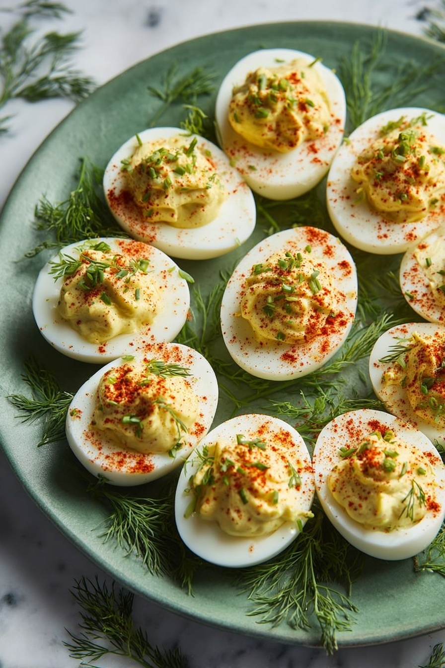 A round white plate holds twelve deviled eggs arranged in a slightly messy circle. Each egg half has a smooth white outer layer and is filled with a creamy yellow yolk mixture that is light and fluffy, slightly domed above the egg white edges. The yellow filling has small green bits mixed in and is sprinkled with fine red paprika on top for color, along with small fresh dill leaves scattered over each egg. The plate sits on a white marbled surface with fresh dill sprigs partially visible around the plate edges. The photo taken with an iphone --ar 2:3 --v 7