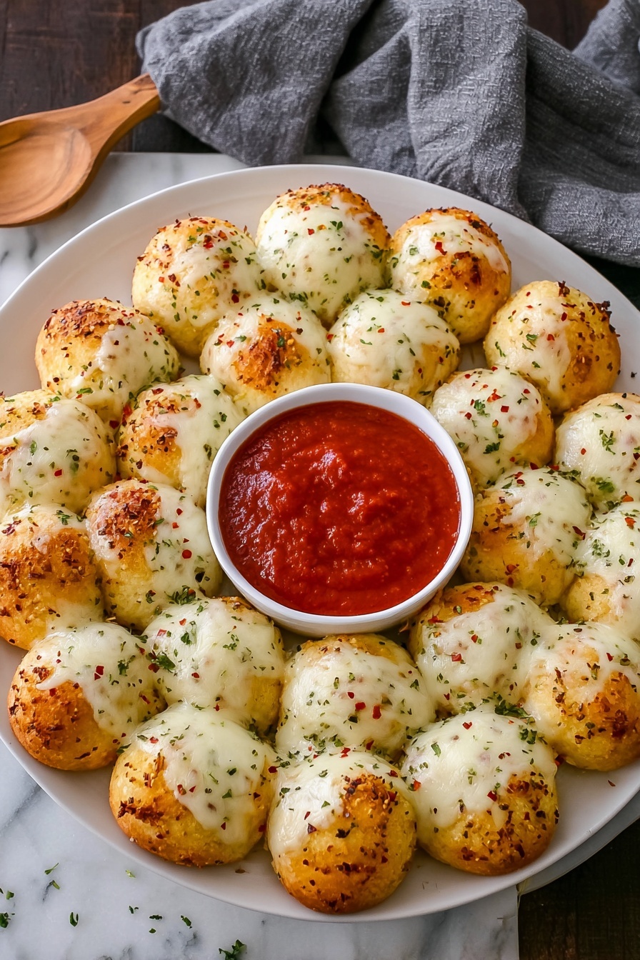 A round white plate holds a ring of 12 golden-brown dough balls, each topped with melted white cheese sprinkled with green herbs and red chili flakes. In the middle of the plate is a small white scalloped bowl filled with thick red marinara sauce. A woman's hand is pulling one dough ball away from the ring, stretching the melted cheese in thin strands. The plate sits on a white marbled surface with a light gray cloth and a small wooden cutting board nearby. photo taken with an iphone --ar 2:3 --v 7