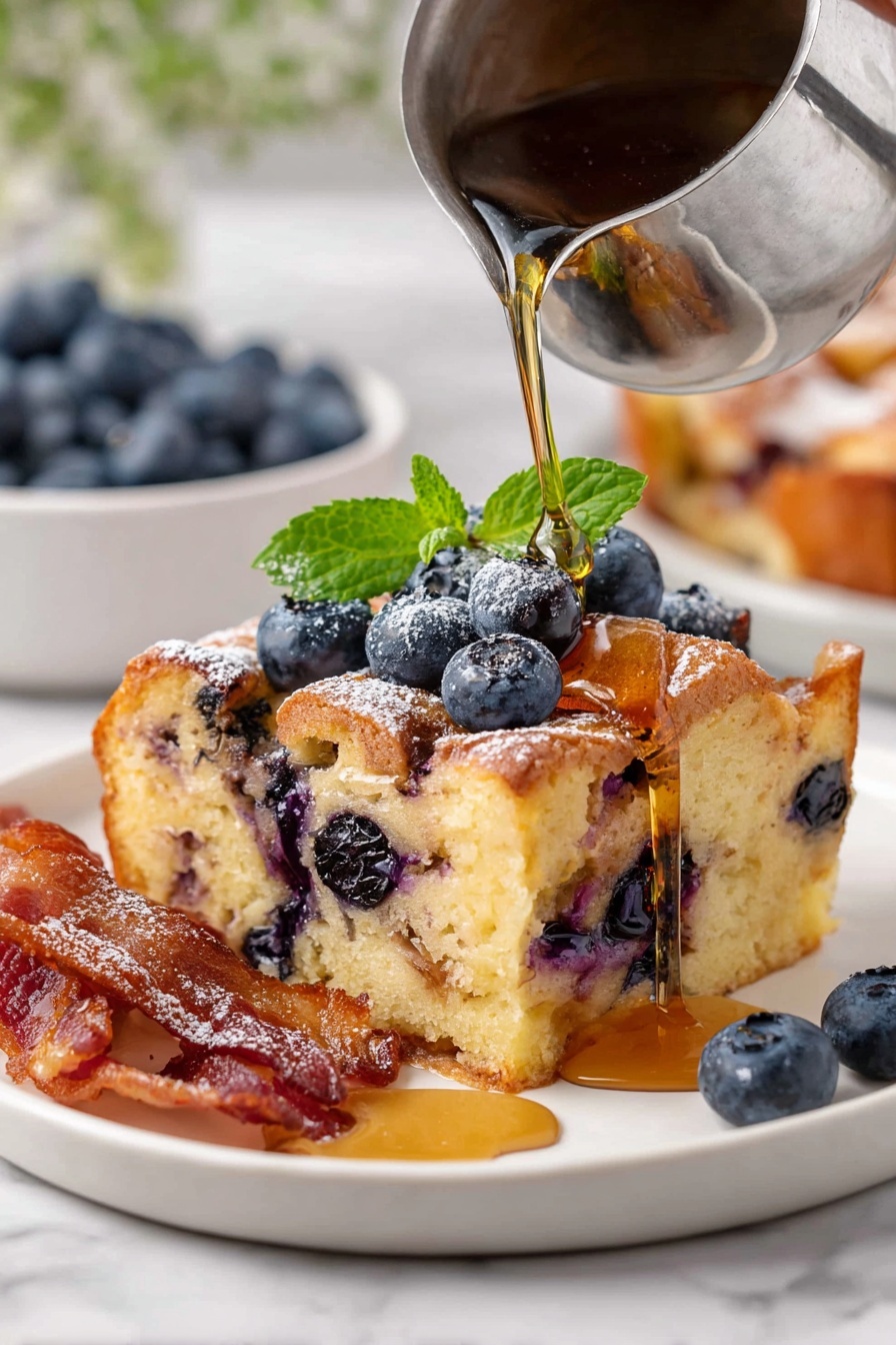 A thick slice of baked bread pudding with blueberries is shown on a white plate sitting on a white marbled surface. The bread pudding has a golden-brown crust with visible juicy blueberries inside the soft, creamy inside. On top, there is a layer of fresh whole blueberries dusted with powdered sugar and small green mint leaves. A silver container is pouring amber-colored syrup over the bread pudding, where the syrup drips down the sides and pools on the plate. In the background, a blurred bowl filled with blueberries sits next to some crispy bacon. photo taken with an iphone --ar 2:3 --v 7