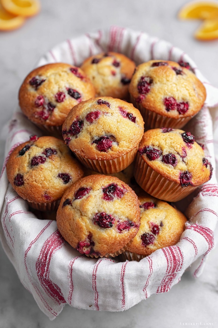 A basket lined with a white cloth with red stripes holds nine golden-brown muffins. Each muffin is dotted with bright red cranberries and dark brown raisins, giving a colorful contrast to the soft, textured muffin tops. The basket sits on a white marbled surface, and the muffins look fresh and lightly risen, with some cranberries slightly melting into the surface. Photo taken with an iphone --ar 2:3 --v 7