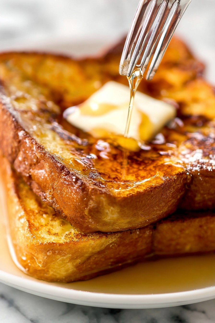 Two thick slices of golden-brown French toast are stacked on a white plate, showing a crispy texture on the edges and a soft, spongy center. The top slice has a small square of melting butter slightly off-center, with syrup glistening and dripping down the sides of the bread. A shiny silver fork is pressing into the top slice, causing the syrup to glisten even more. The plate sits on a white marbled surface, with a blurred background of soft colors. photo taken with an iphone --ar 2:3 --v 7