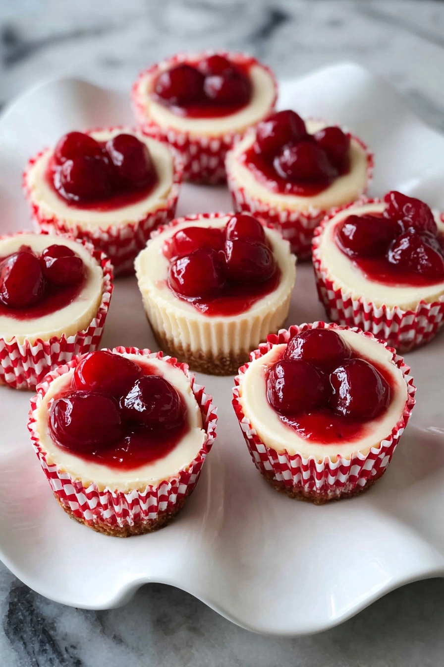Seven small cheesecakes are displayed on a white scalloped cake stand over a white marbled surface. Each cheesecake is in a white paper cup with red checkered stripes. The cheesecakes have a smooth pale cream base as the first layer, topped with a shiny bright red cherry topping with visible whole cherries creating a slightly uneven texture. The bright red topping contrasts with the creamy base and the patterned paper cups. The photo taken with an iphone --ar 2:3 --v 7