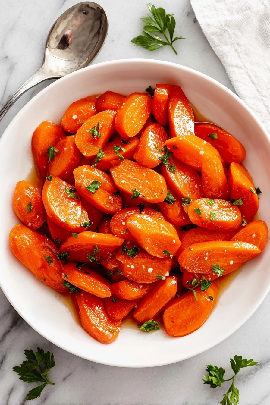 A white bowl is full of cooked carrot pieces, each sliced into thick diagonal chunks with a shiny orange glaze, showing a slight texture of seasoning and small bits of garlic or spices. The carrots are sprinkled with small green parsley leaves scattered evenly on top and around the sides. The bowl sits on a white marbled surface, with a few whole parsley sprigs placed nearby. The lighting highlights the rich color and slight gloss of the carrots, making them look warm and fresh. Photo taken with an iphone --ar 2:3 --v 7