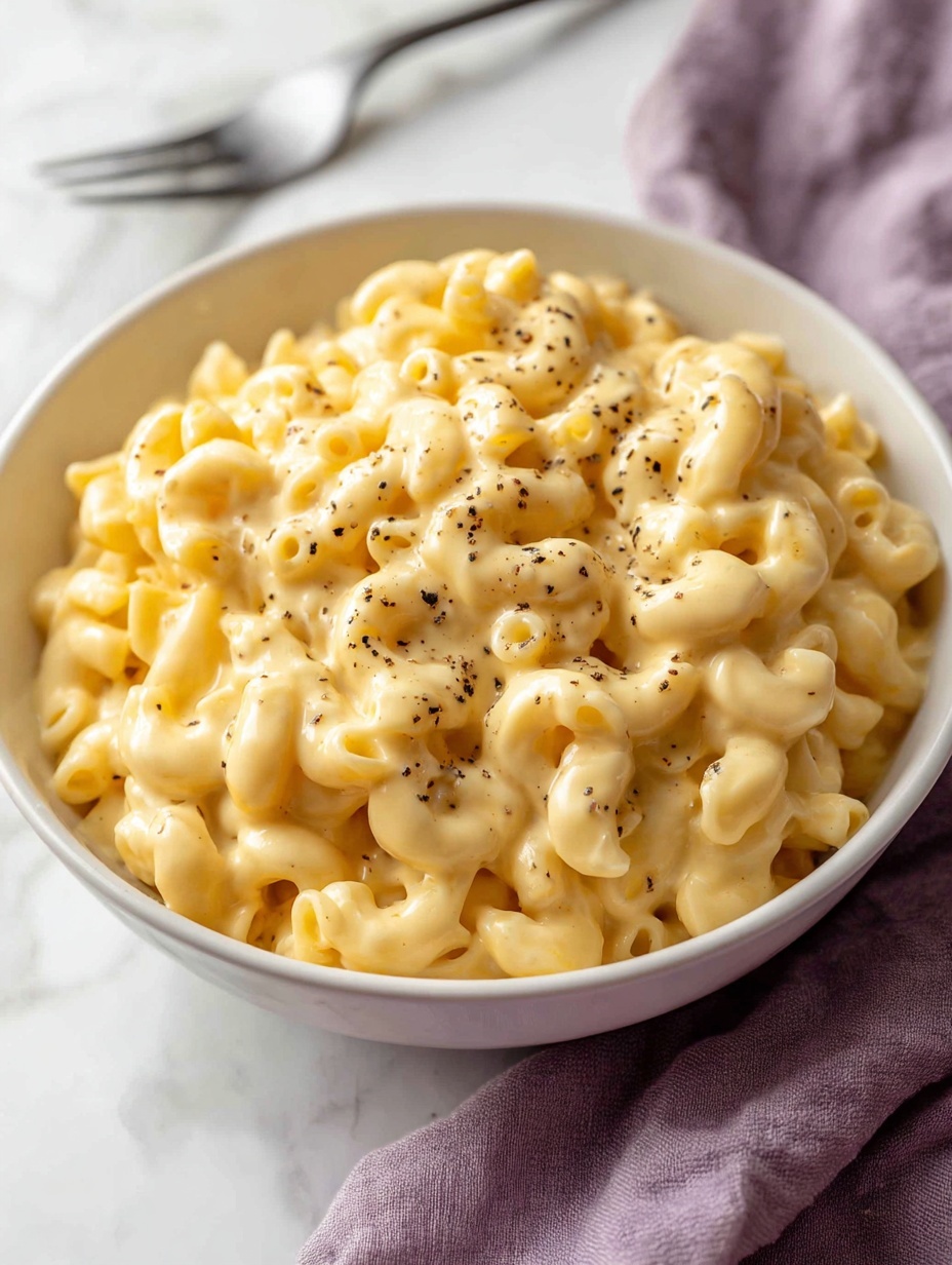 A white bowl filled with creamy macaroni and cheese, showing soft elbow macaroni covered in thick, smooth cheese sauce that is light yellow with slight hints of white from the cheese. Some black pepper specks are scattered over the top. A fork held by a woman's hand is lifting a portion of the macaroni, with melted cheese stretching between the fork and the bowl. The background shows a white marbled surface with a blurred purple cloth. photo taken with an iphone --ar 2:3 --v 7