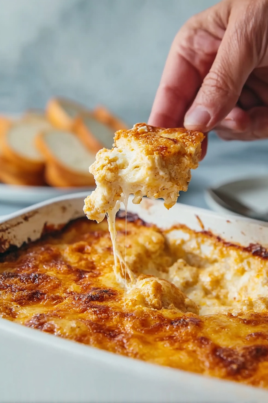 A close-up image of a woman's hand holding a slice of golden brown baked cheesy casserole with melted cheese stretching down from the slice towards the baking dish below; the casserole inside the white baking dish has a bubbly, browned top layer with creamy melted cheese beneath, all set on a white marbled surface with a blurred background showing hints of other food items. photo taken with an iphone --ar 2:3 --v 7