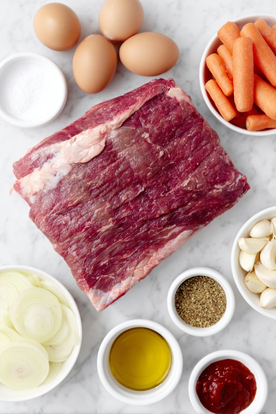 Flat lay of a whole raw beef brisket with a thin layer of fat on top, a small white ceramic bowl filled with coarse kosher salt, several grinds of freshly ground black pepper scattered neatly, a small white ceramic bowl with golden vegetable oil, a pile of halved and quarter-inch sliced yellow onions showing their fresh layers, six whole unpeeled garlic cloves with smooth skins, a small white ceramic bowl with vibrant red tomato paste, and thick chunks of peeled orange carrots arranged artfully, all ingredients fresh and natural, balanced symmetry, placed on a clean white marble surface, soft natural light, photo taken with an iPhone, professional food photography style, fresh ingredients, white ceramic bowls, no bottles, no duplicates, no utensils, no packaging --ar 2:3 --v 7 --p m7354615311229779997