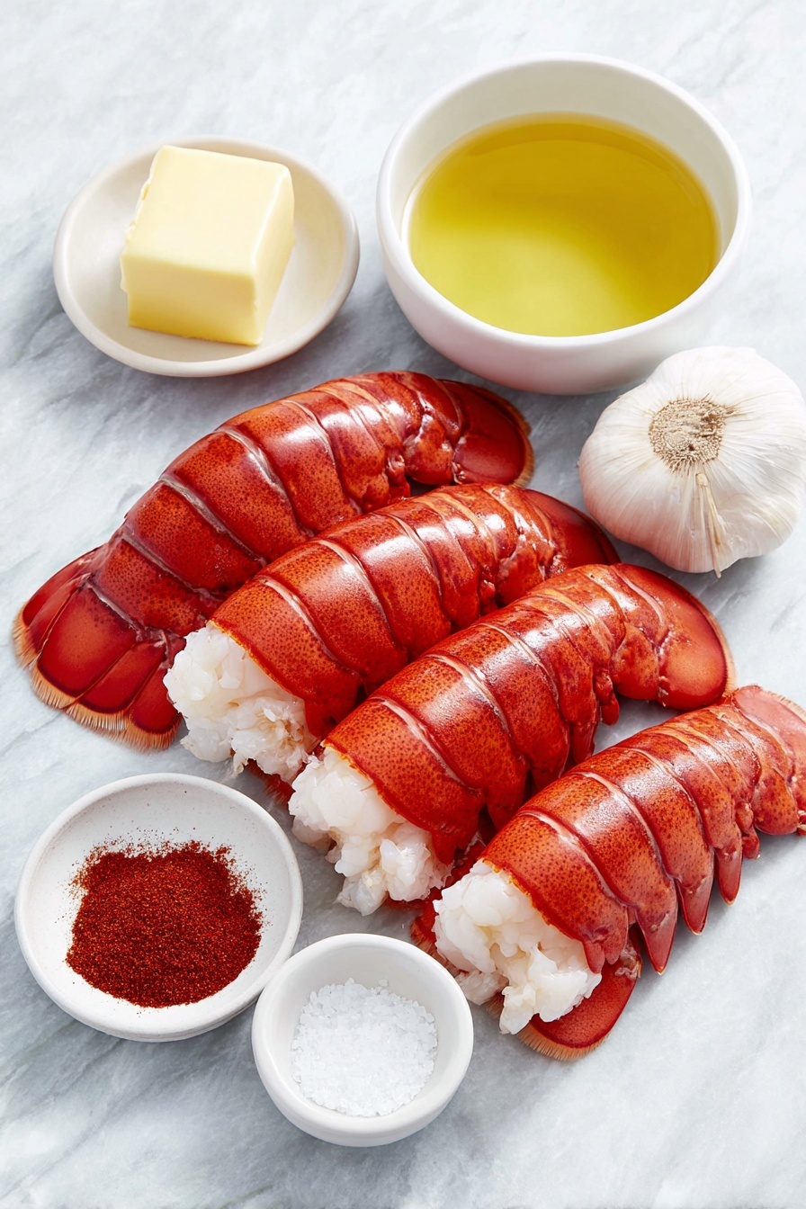 Flat lay of four fresh raw lobster tails with bright red shells and white meat visible where butterflied, a small white ceramic bowl of melted golden salted butter, two whole uncracked garlic cloves with smooth white skins, a small white ceramic bowl of bright yellow lemon juice, a small white ceramic bowl of deep reddish-brown smoked paprika powder, and a small white ceramic bowl containing a pinch of vibrant red cayenne pepper powder, arranged symmetrically, placed on a clean white marble surface, soft natural light, photo taken with an iPhone, professional food photography style, fresh ingredients, white ceramic bowls, no bottles, no duplicates, no utensils, no packaging --ar 2:3 --v 7 --p m7354615311229779997