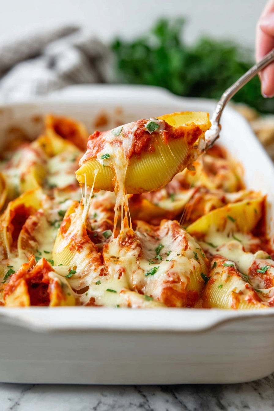The image shows a white ceramic baking dish filled with large pasta shells stuffed with a creamy white cheese filling mixed with green herbs, topped with bright red tomato sauce and melted golden brown cheese. The dish is pictured on a white marbled surface, with some fresh green parsley beside it. A woman's hand is lifting one stuffed pasta shell with a silver fork, pulling melted cheese strands away from the dish. The cheese on top is bubbly and browned in spots. The background is blurred with hints of green, likely more herbs. photo taken with an iphone --ar 2:3 --v 7