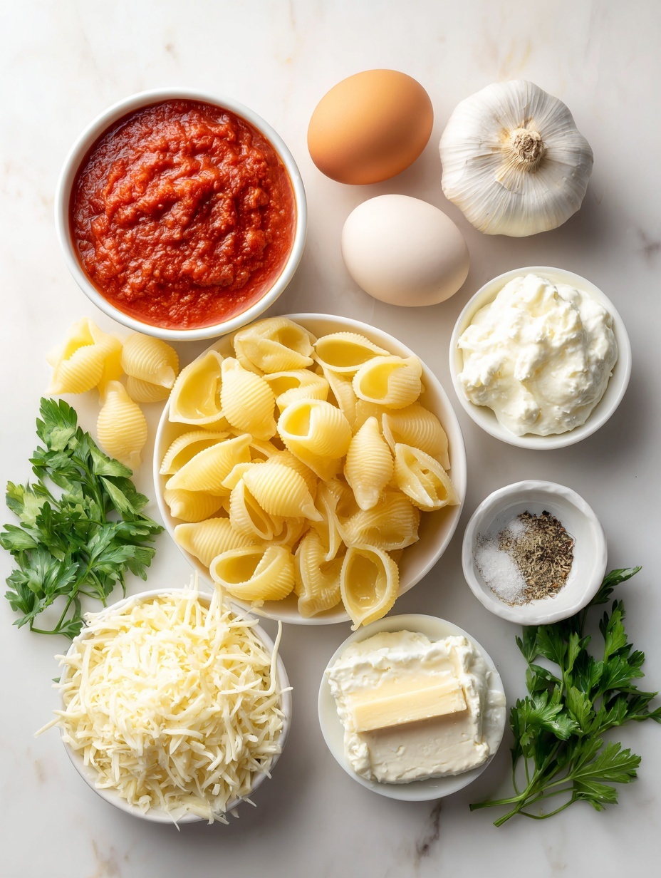 Flat lay of a handful of large, pale golden jumbo pasta shells arranged neatly, a small white ceramic bowl filled with vibrant red marinara sauce, a mound of creamy white ricotta cheese, a small pile of shredded mozzarella cheese with some strands delicately spread out, a tiny heap of finely grated parmesan cheese, a small dollop of soft cream cheese, one whole large brown egg with a clean shell, a few fresh bright green parsley sprigs roughly chopped, one whole garlic clove with smooth white skin, and a small white bowl holding dried oregano powder next to a matching bowl containing sea salt and another with ground black pepper, all placed on a clean white marble surface, soft natural light, photo taken with an iPhone, professional food photography style, fresh ingredients, white ceramic bowls, no bottles, no duplicates, no utensils, no packaging --ar 2:3 --v 7 --p m7354615311229779997