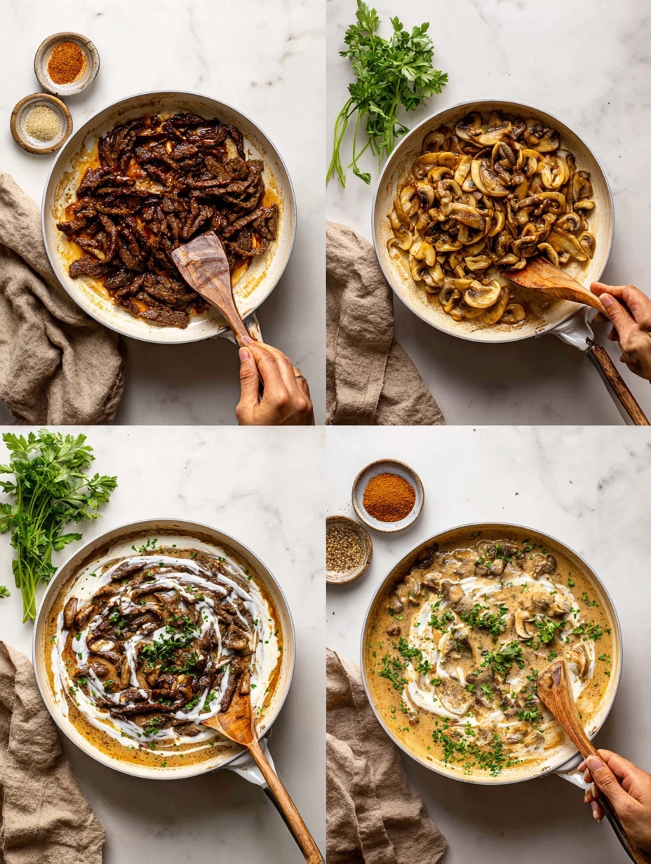 The image shows four steps of cooking a creamy mushroom and beef dish in a white pan placed on a white marbled surface. In the first step, the pan holds evenly spread pieces of browned beef with a wooden spoon resting on top. The second step shows cooked sliced mushrooms with a golden-brown color, mixed with small bits of browned onions, stirred with a wooden spoon held by a woman's hand. The third step layers cooked mushrooms in a brown sauce with a swirl of white cream and browned beef strips on top, with a wooden spoon resting inside the pan. The final step presents the creamy dish fully mixed, with light brown sauce covering beef strips and mushrooms, garnished with small green leafy herbs scattered on top. Photo taken with an iphone --ar 2:3 --v 7