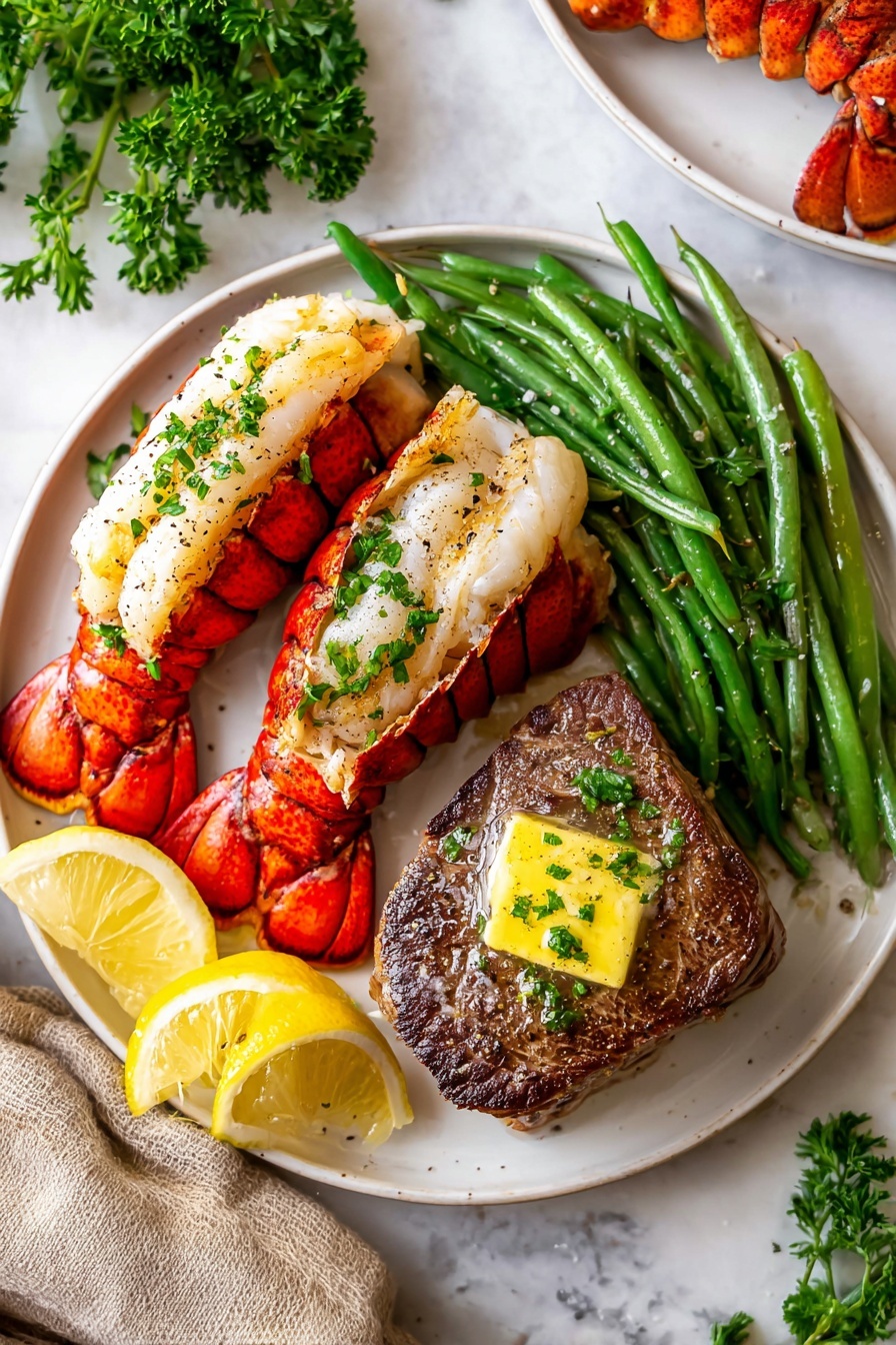 A white round plate with three main sections: on the left, a bright red lobster tail, split open to show white lobster meat inside, garnished with green parsley; in the middle, a pile of bright green steamed green beans sprinkled with black pepper; on the right, a thick grilled steak topped with a melting pat of butter and small green herb pieces; there are three lemon wedges placed at the top and bottom of the plate, and some scattered parsley around the plate, all set on a white marbled surface. photo taken with an iphone --ar 2:3 --v 7