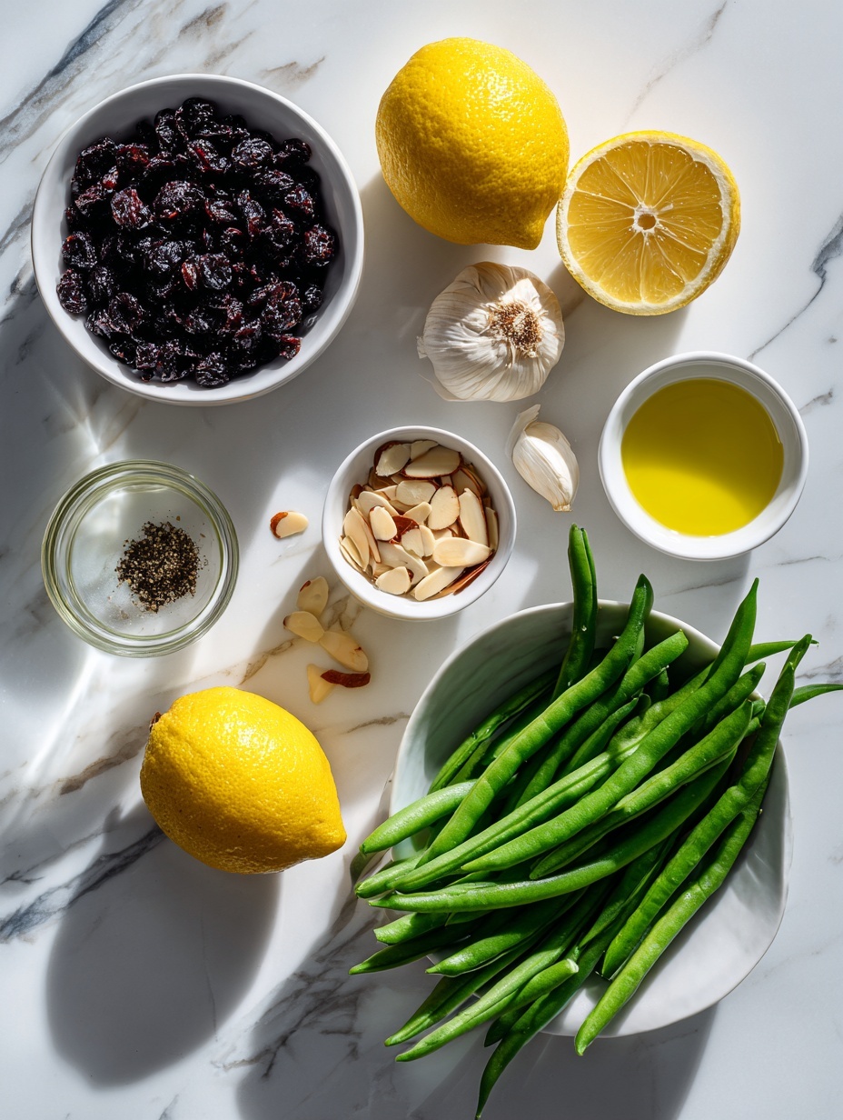 Flat lay of fresh broccolini with tough ends removed, a neat bundle of green beans trimmed of stems, a small pile of dried currants, two halves of a bright yellow lemon with peel strips, two whole garlic cloves with skins on, a small white bowl of golden olive oil, a small white bowl of sliced toasted almonds, a small white bowl of clear water, a small white bowl containing fresh lemon juice, a pinch of coarse sea salt and ground black pepper arranged artistically, all ingredients fresh and natural, placed on a clean white marble surface, soft natural light, photo taken with an iPhone, professional food photography style, fresh ingredients, white ceramic bowls, no bottles, no duplicates, no utensils, no packaging --ar 2:3 --v 7 --p m7354615311229779997