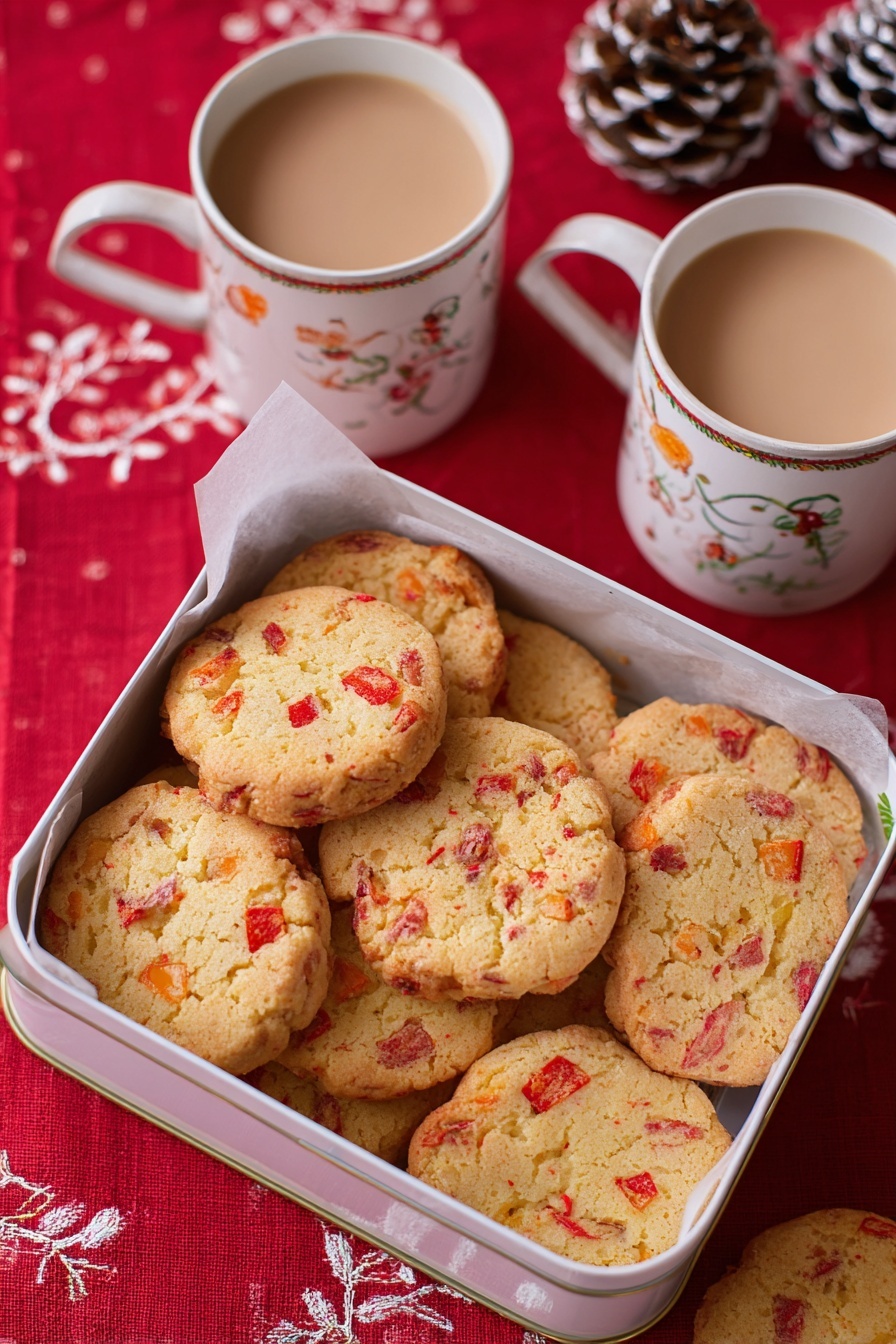 Three round cookies with small red fruit pieces are stacked on a folded white napkin with black text on a red cloth with white embroidery. To the left, a white box with red and green holiday designs holds more cookies lined with translucent paper. To the right, there is a white cup filled with light brown coffee and two pine cones dusted lightly with white powder. The whole scene is set on a white marbled surface. photo taken with an iphone --ar 2:3 --v 7