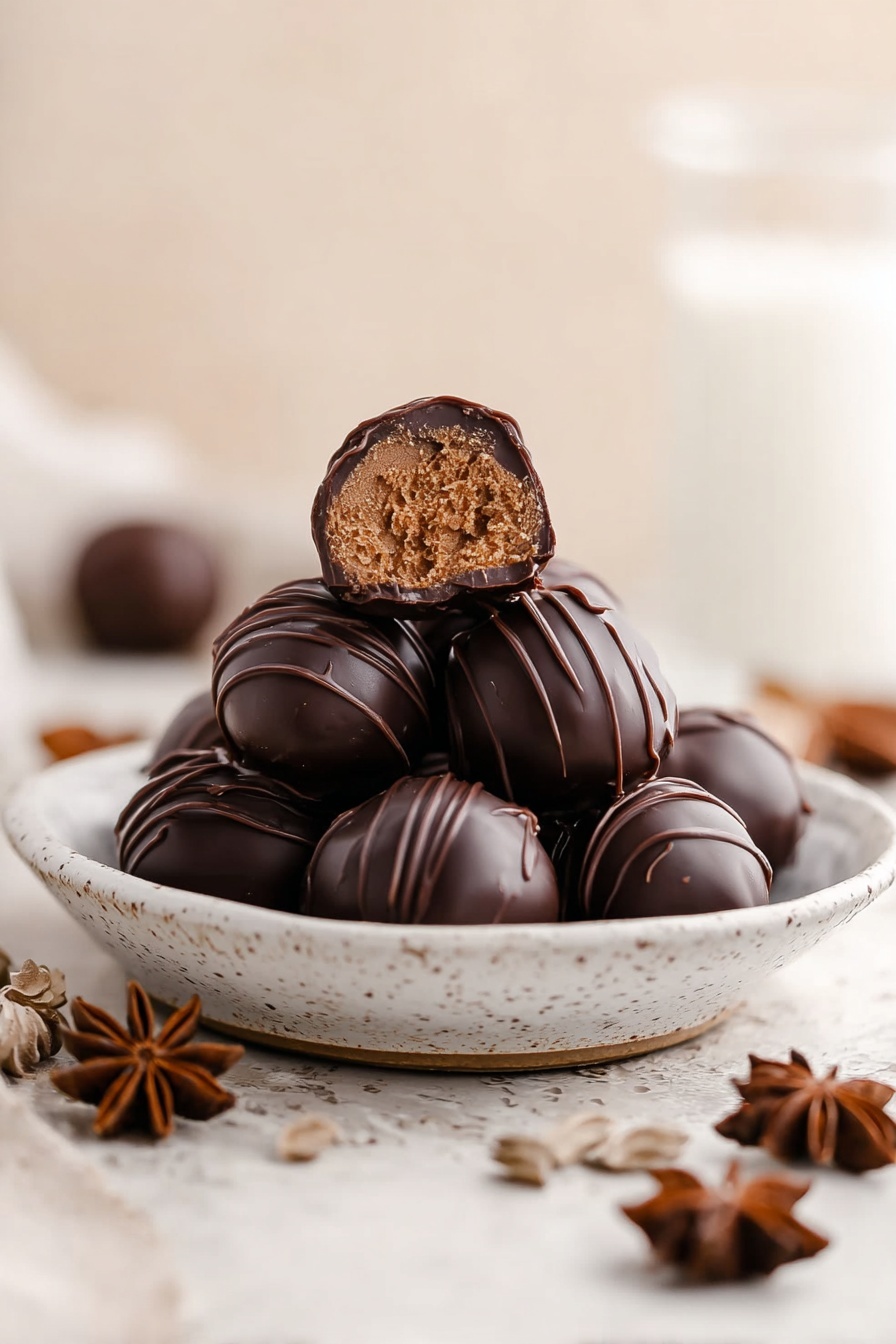 A small white speckled plate holds a pile of round dark chocolate balls with smooth, shiny surfaces and light chocolate drizzle patterns. One ball is cut open and placed on top, showing a soft, light brown filling inside with a fine texture. The plate sits on a white marbled surface with star anise spices spread around it. In the background, there is a partially visible glass of milk with a soft, blurred beige backdrop. photo taken with an iphone --ar 2:3 --v 7