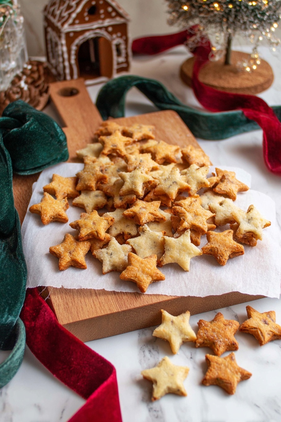 The image shows many star-shaped cookies in two colors on a white paper sheet placed on a wooden board. The lighter stars are golden brown with visible black specks, while the darker stars are a deeper brown with hints of herbs or seasoning. Some cookies are stacked in small piles near a dark green ribbon and a red ribbon that are loosely lying on the board. In the background, there is a gingerbread house with white icing decorations and some out-of-focus holiday decorations on a white marbled texture surface. photo taken with an iphone --ar 2:3 --v 7
