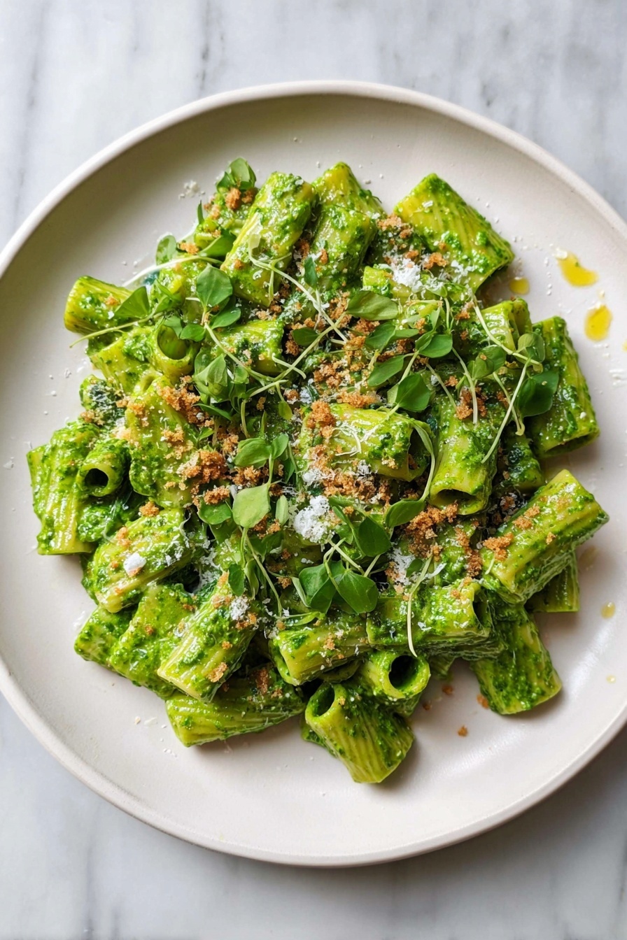 The dish is a plate of short pasta tubes covered fully in a thick, bright green sauce, likely pesto. The pasta is arranged in a rough pile on a white plate that rests on a white marbled surface. On top of the pasta, there are small green leaves, sprinkled grated white cheese, and bits of brown crispy crumbs. A gold fork is inserted into the pasta near the top right, with sauce coating its tines. There is a little bit of orange oil or sauce pooling around some pasta pieces. The whole dish looks fresh and vibrant. photo taken with an iphone --ar 2:3 --v 7