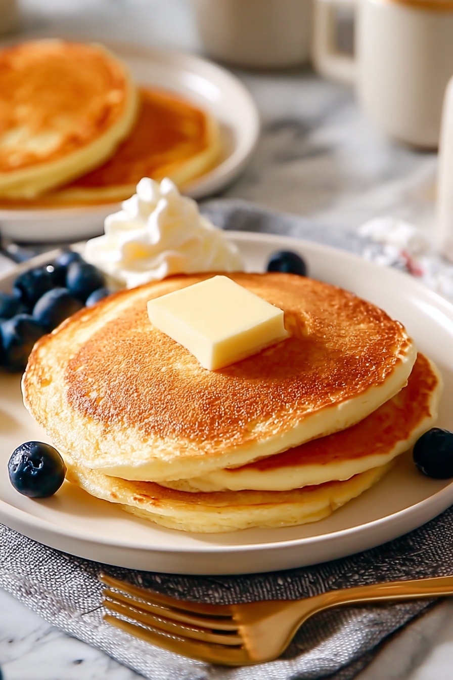 A stack of two golden brown pancakes is placed in the center of a white plate, each pancake showing a slightly crispy edge and soft, fluffy texture. On top of the top pancake, there is a small square of pale yellow butter. To the left of the pancakes, fresh dark blue blueberries and a dollop of light cream add a fresh touch. The plate sits on a white marbled surface with a dark gray cloth napkin beneath it, and a golden fork lies in front of the plate. In the blurred background, there is a white plate with more pancakes and a white cup nearby. Photo taken with an iphone --ar 2:3 --v 7
