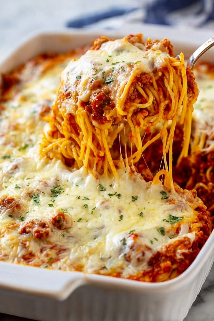 A white rectangular baking dish filled with baked spaghetti layered beneath a thick topping of melted white cheese that stretches as a silver fork lifts a serving. The bottom layer shows long, golden noodles mixed with chunky red tomato sauce, while the top is covered with a browned layer of melted cheese sprinkled with green herbs. The dish sits on a white marbled surface with a soft cloth visible on the side. Photo taken with an iphone --ar 2:3 --v 7