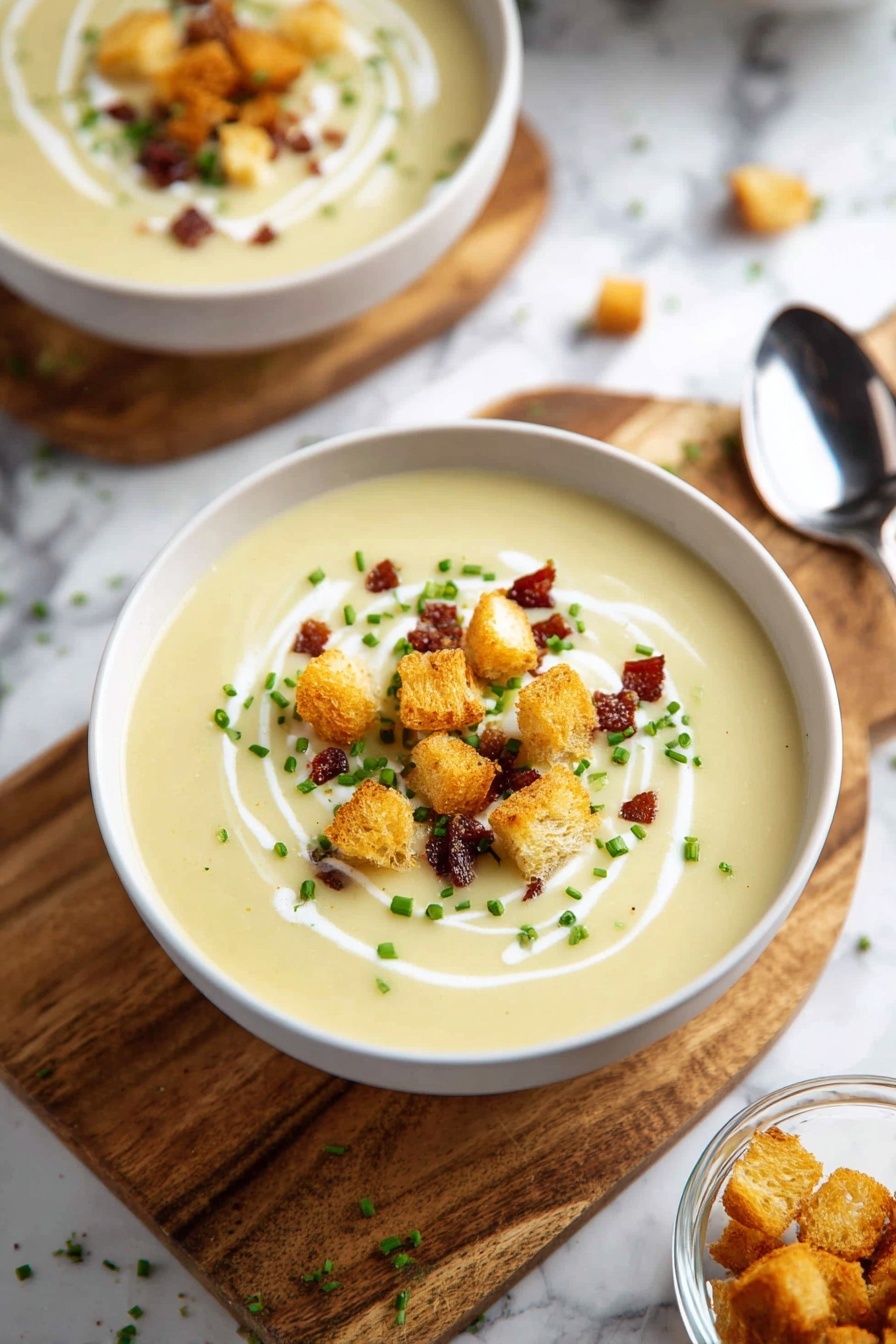 A white bowl filled with creamy pale yellow soup sits on a wooden board over a white marbled surface. The soup is topped with a swirl of white cream, small bright green chopped chives, crispy golden brown croutons scattered evenly on top, and bits of dark reddish-brown bacon pieces. A second white bowl of soup is partially visible in the background along with two silver spoons resting on the white marbled surface near the spoon handles. A small glass bowl holding more golden croutons sits nearby on the right side of the image. Photo taken with an iphone --ar 2:3 --v 7