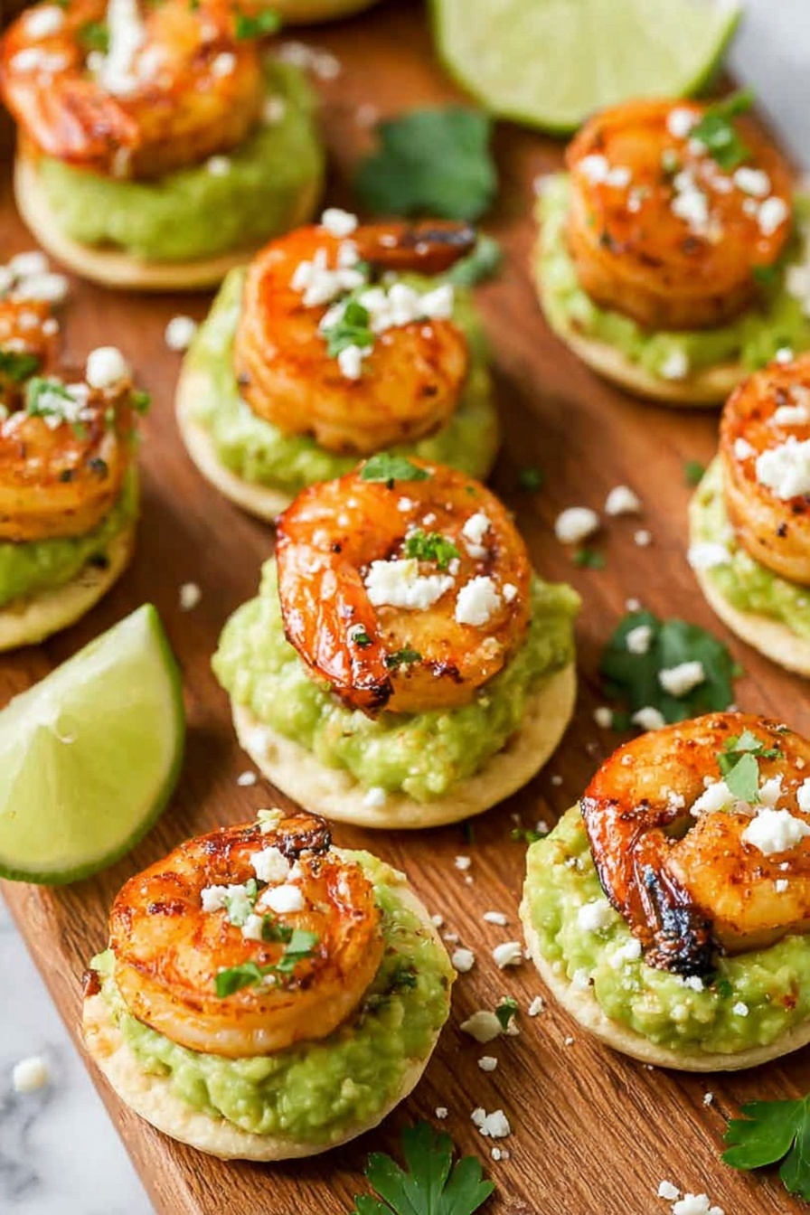 The dish shows small round white bases topped with a thick green layer of creamy avocado spread. On top of each avocado layer, there is one large cooked shrimp with an orange-brown color and some small bits of chopped green herbs sprinkled over it. White crumbled cheese is scattered on the shrimp and around the bases. All are on a light wooden surface, with some fresh green cilantro leaves and lime slices visible in the blurred background. photo taken with an iphone --ar 2:3 --v 7