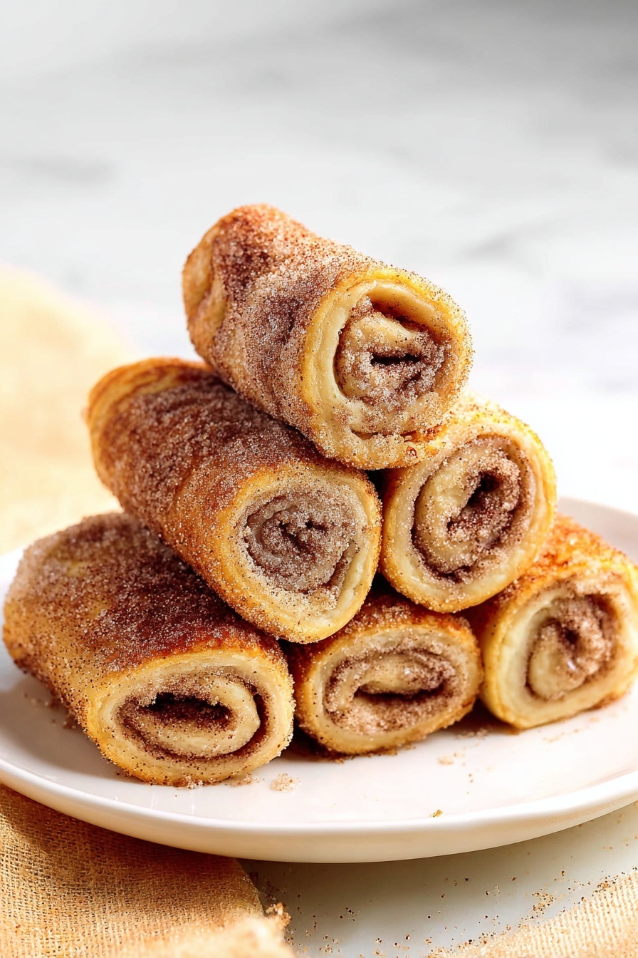 The image shows six rolled pastries stacked in a pyramid shape on a white plate. Each roll is golden brown with a visible spiral of cinnamon and sugar inside. The outer surface looks crispy, covered with a light dusting of sugar and cinnamon, giving a slightly sparkling texture. The rolls are arranged with four on the bottom layer, then two on top, placed on a white marbled surface. The lighting is bright, highlighting the sugar crystals and the warm color of the pastries. photo taken with an iphone --ar 2:3 --v 7