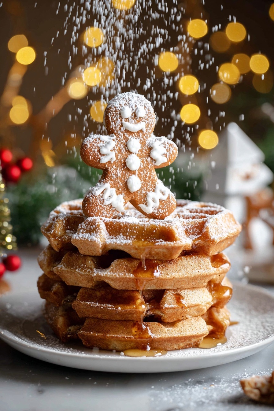 A stack of four thick, square waffles with a golden brown color sits on a white plate, each layer showing the waffle's crisp texture and grid pattern. Drizzled honey glistens and drips down the sides of the waffles, catching the light. On top of the stack, a small gingerbread cookie shaped like a smiling person with white icing eyes and buttons stands cheerfully. Powdered sugar is being sprinkled from above, creating a gentle snowfall effect over the waffles and cookie. The background features warm, blurred yellow lights giving a festive, cozy feeling, and the surface below is a dark wood with powdered sugar scattered around. Photo taken with an iphone --ar 2:3 --v 7